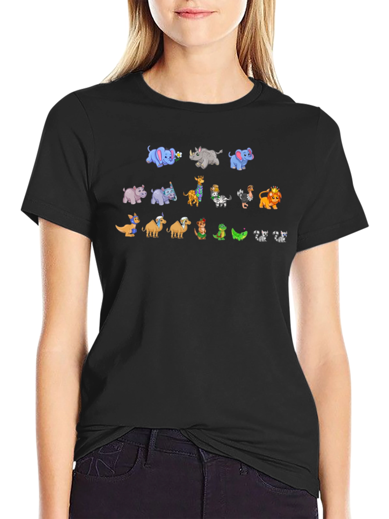 Cartoon Animals on Black Crewneck T-Shirt