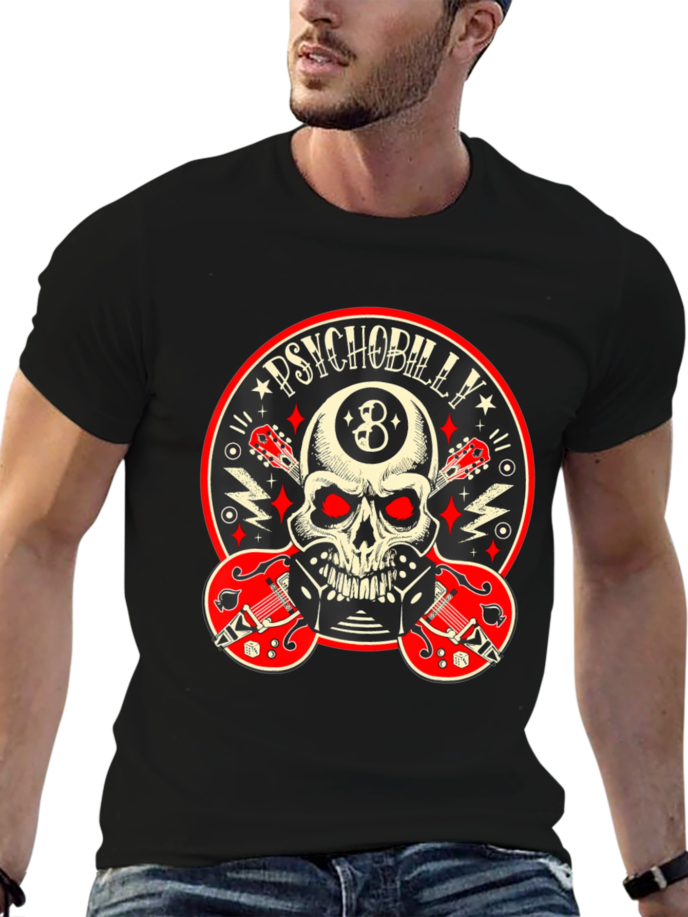 Psychobilly Skull T-Shirt - Rockabilly Guitar Tee
