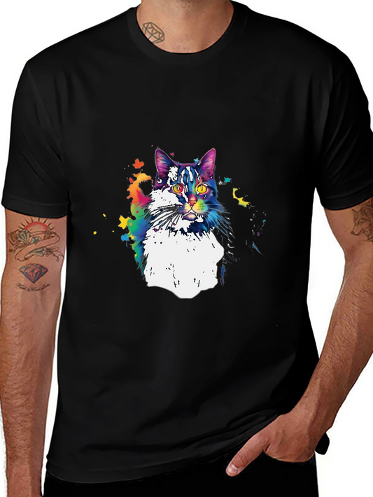Colorful Cat Graphic T-Shirt - Black