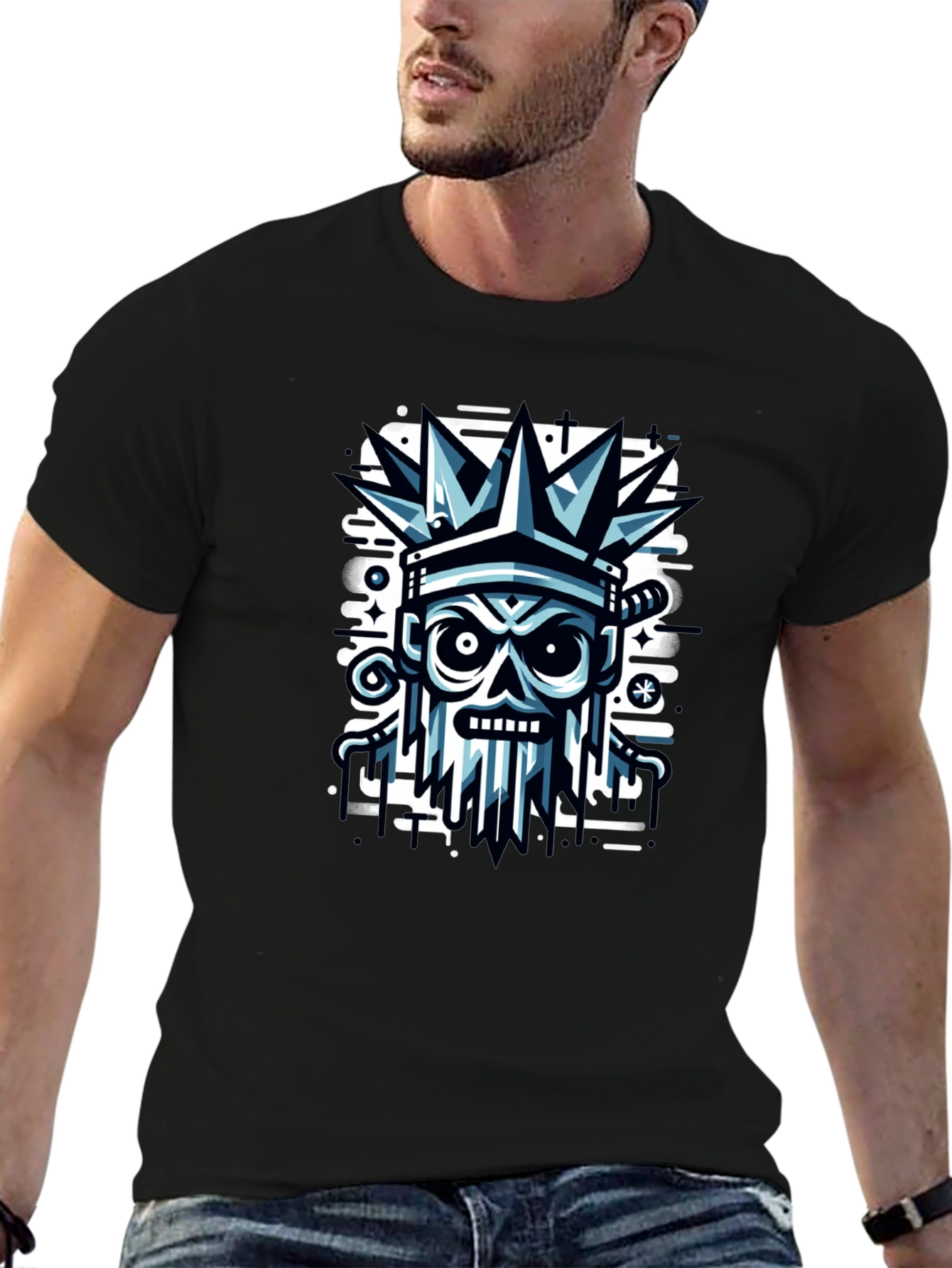 Edgy Skull Crown Graphic Tee - Black