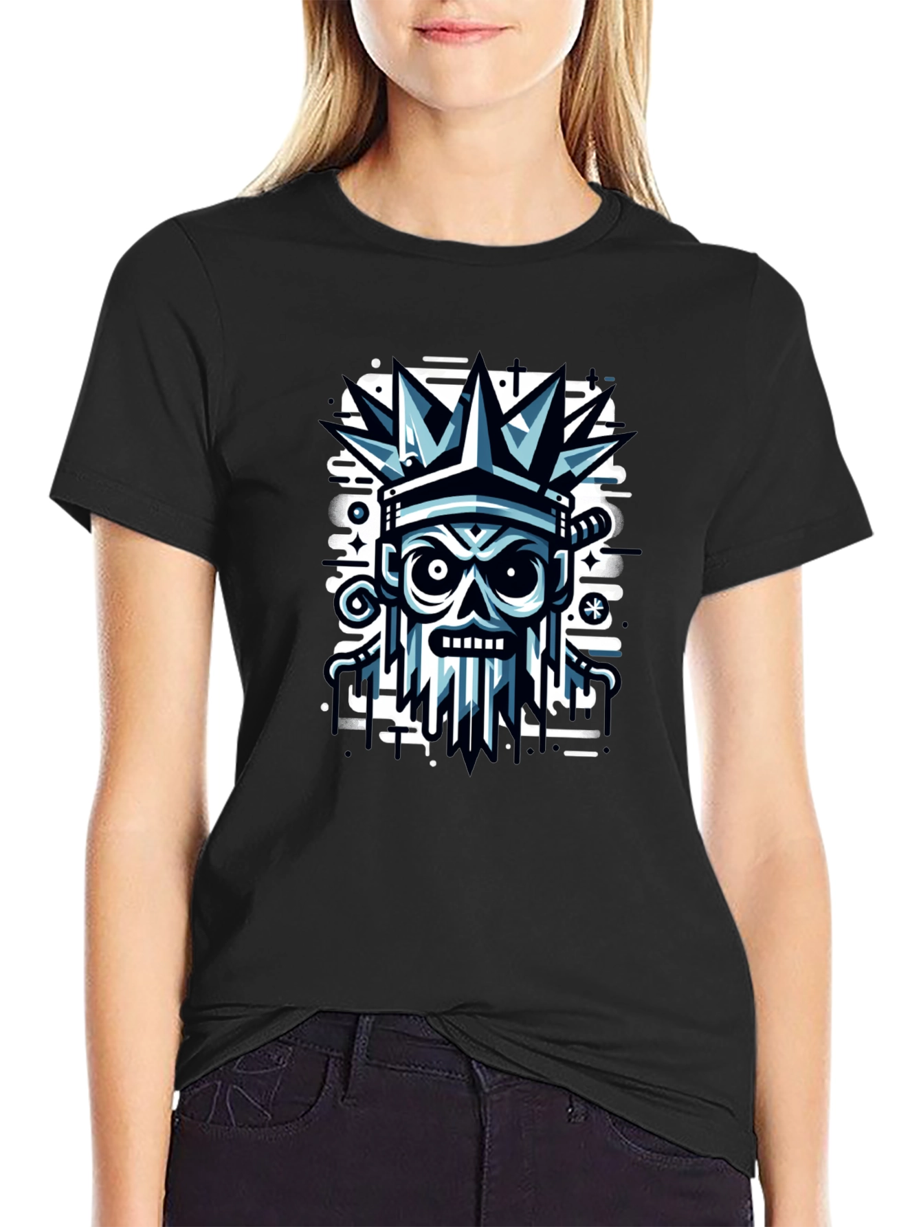Edgy Skull Crown Graphic Tee - Black