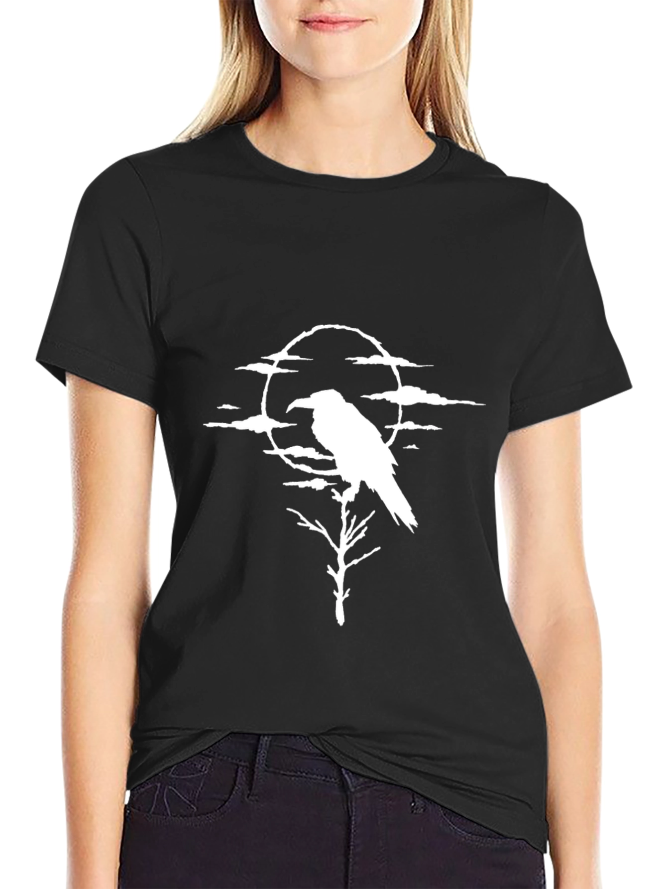 Raven Moon Graphic Tee - Black Cotton Shirt