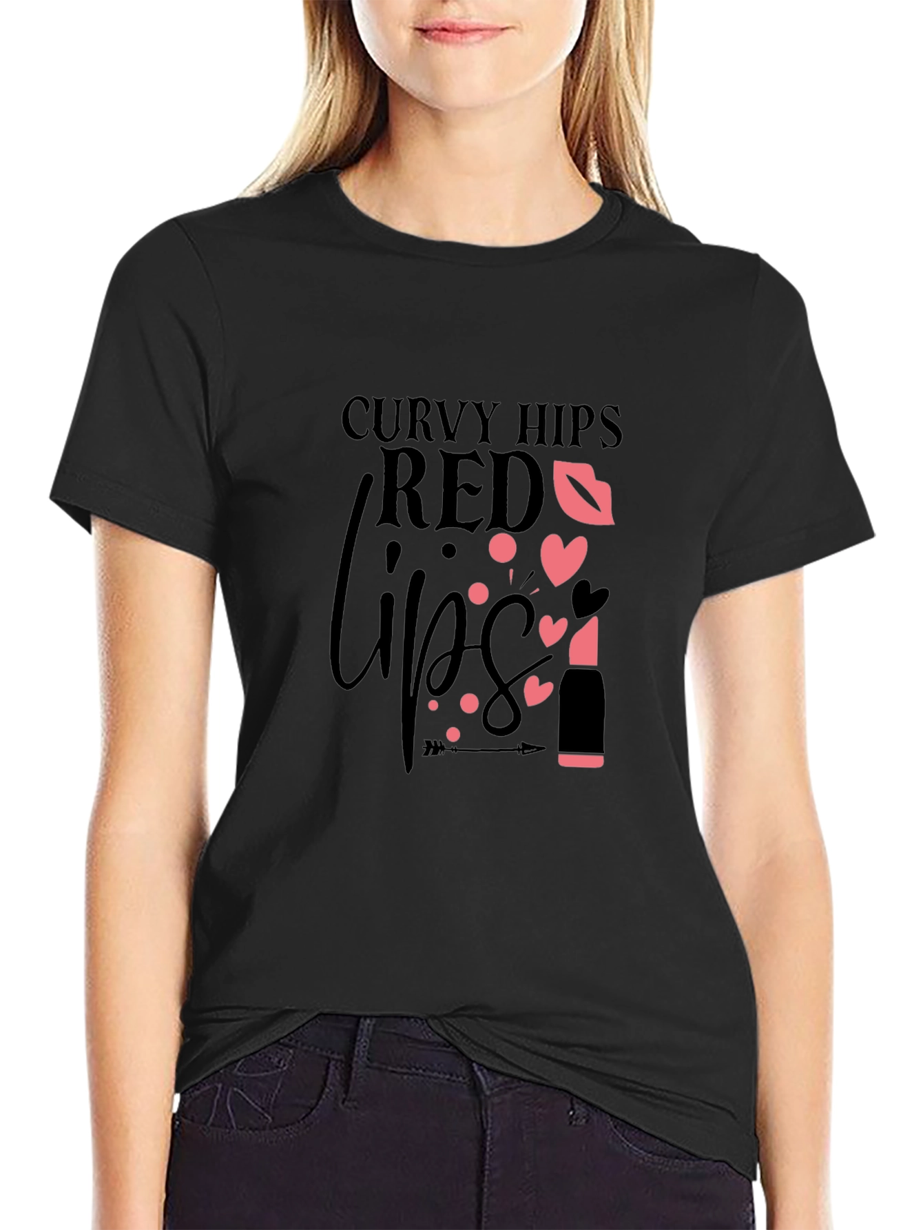 Curvy Hips Red Lips Black Graphic Tee
