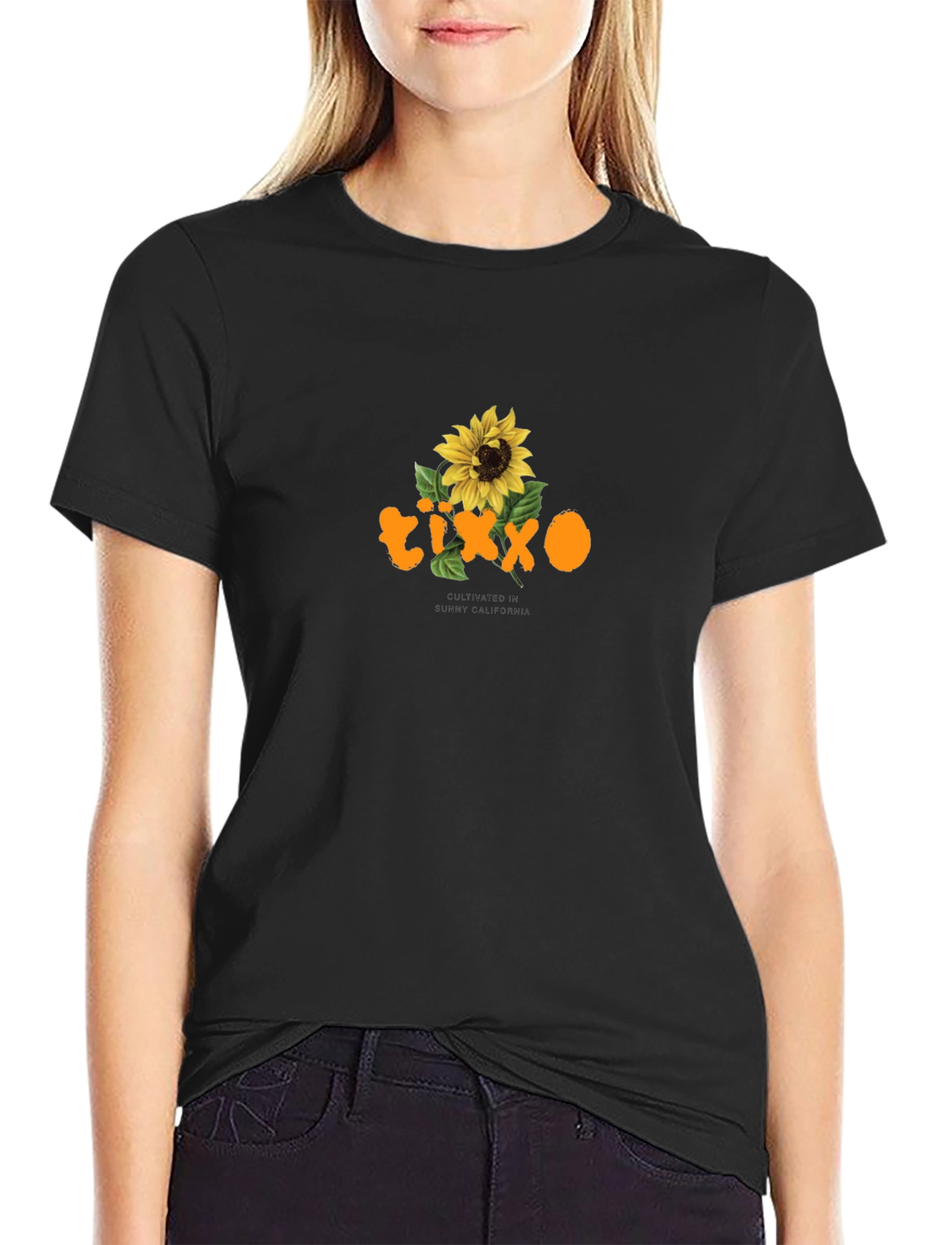 Black T-Shirt with Sunflower Graphic
