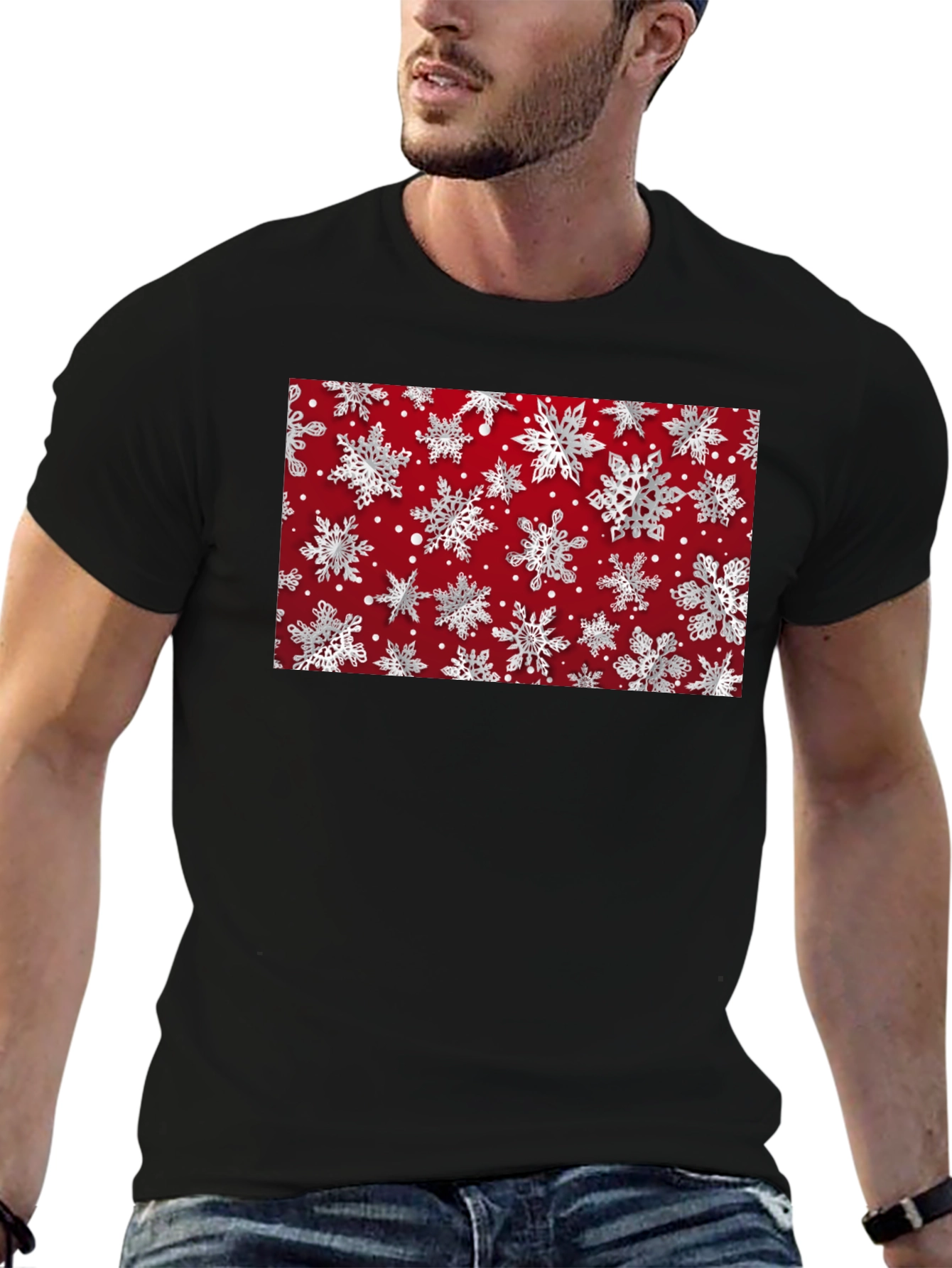 Festive Snowflake Pattern Black T-Shirt