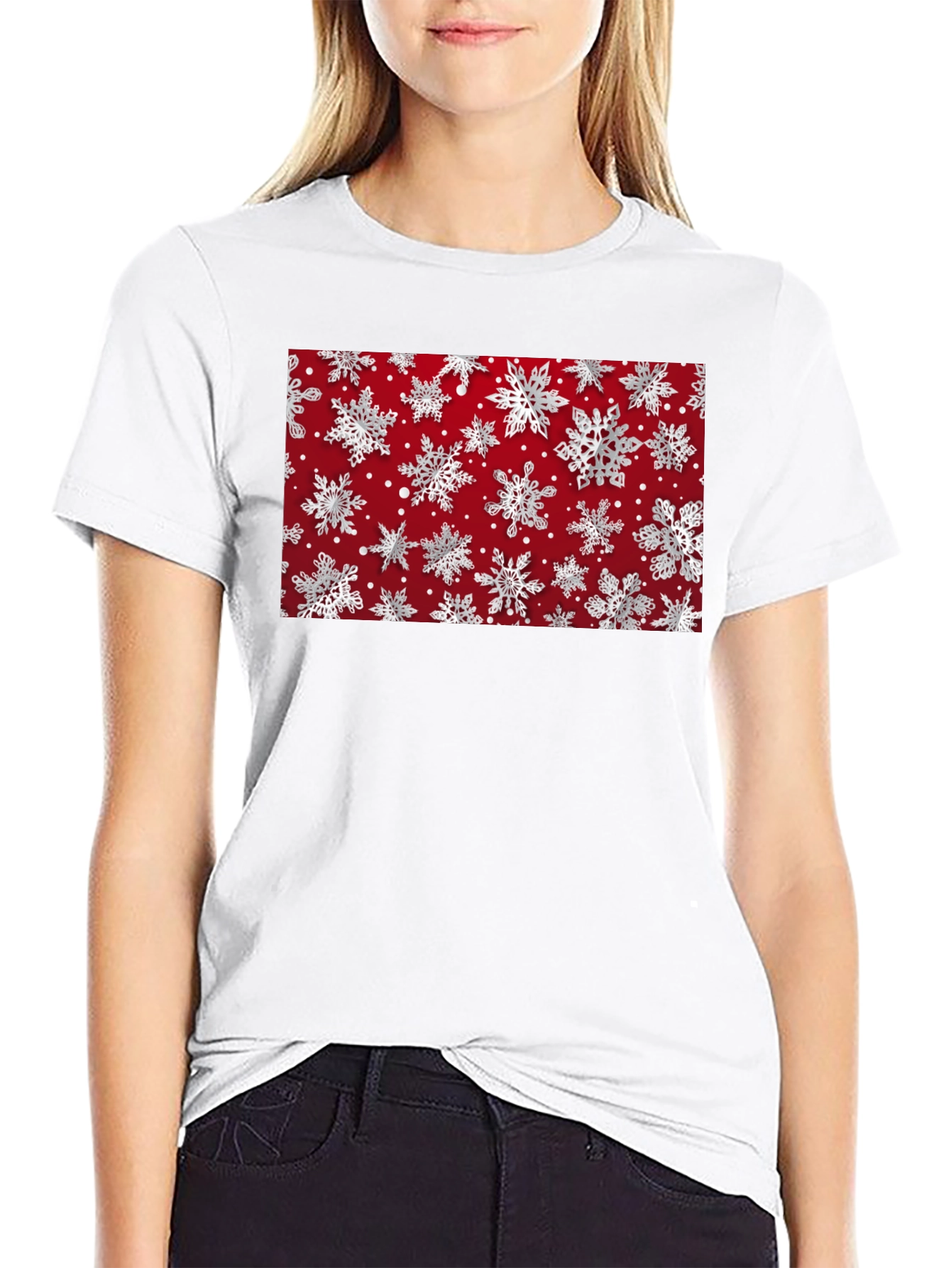 Festive Snowflake Pattern Black T-Shirt