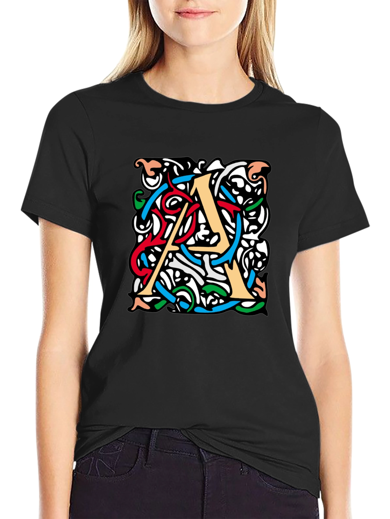 Letter A Graphic Print Mens Black T-Shirt