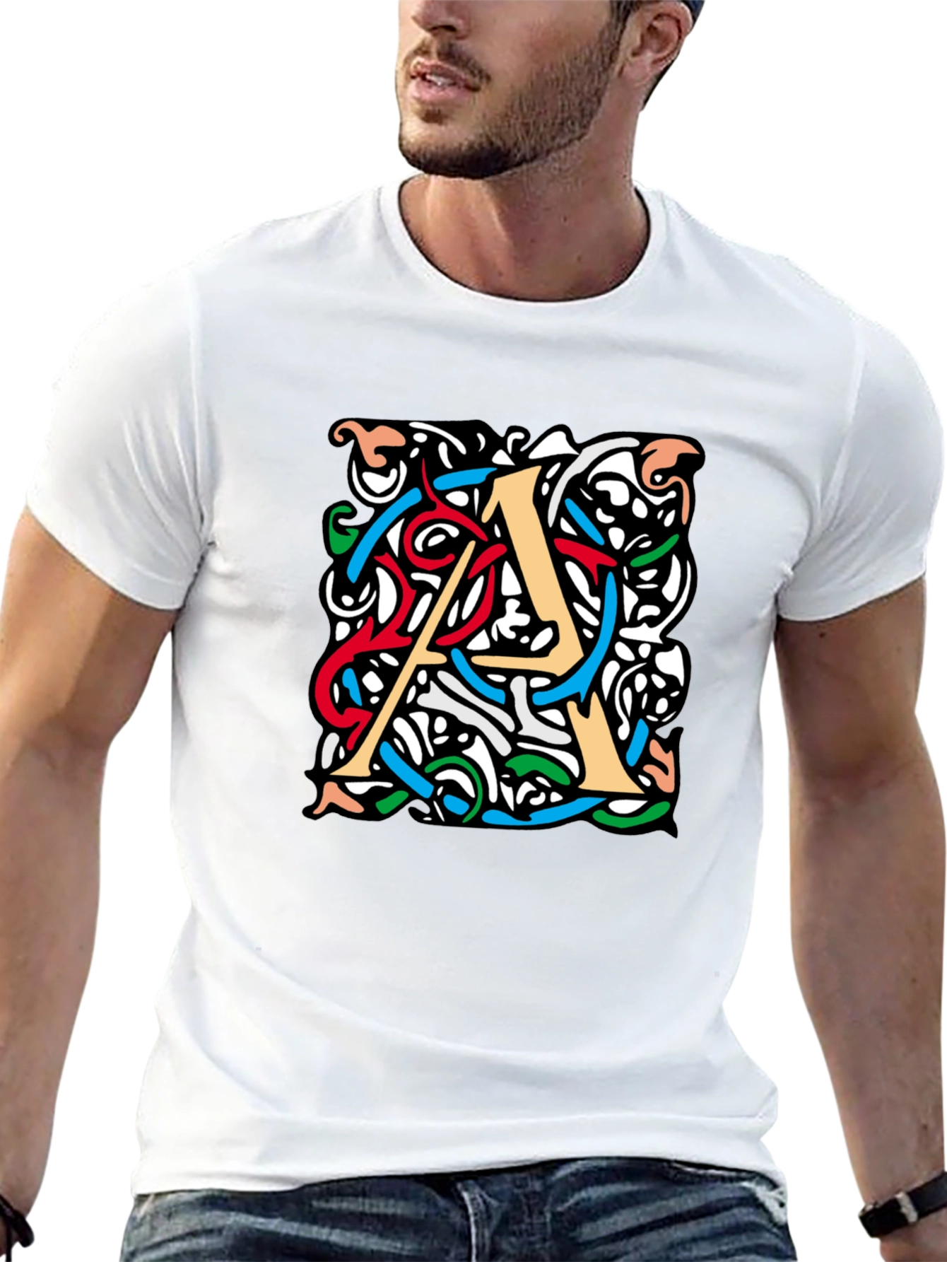 Letter A Graphic Print Mens Black T-Shirt