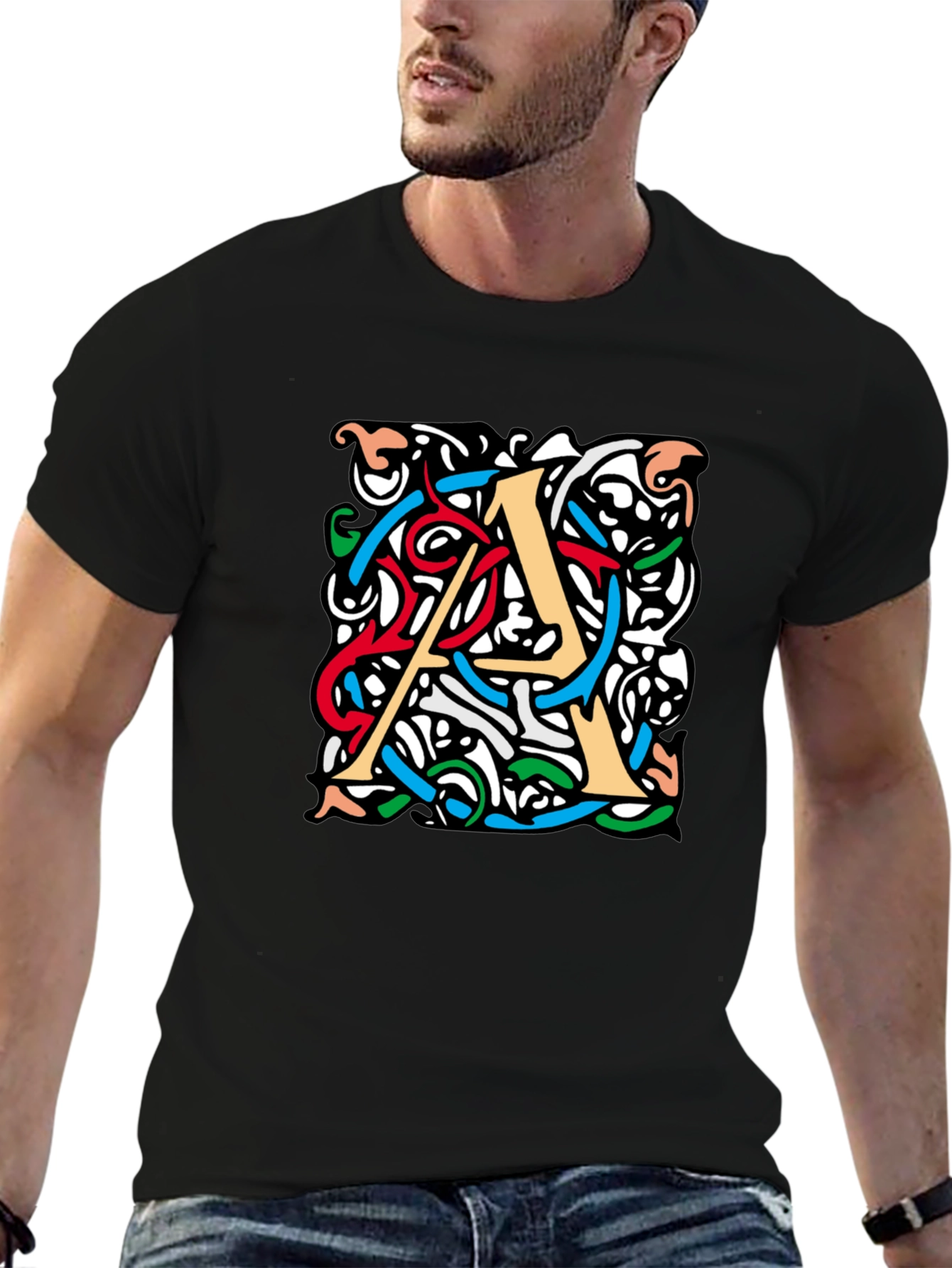 Letter A Graphic Print Mens Black T-Shirt