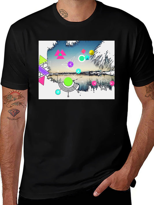 Geometric Lake Design Mens Black T-Shirt