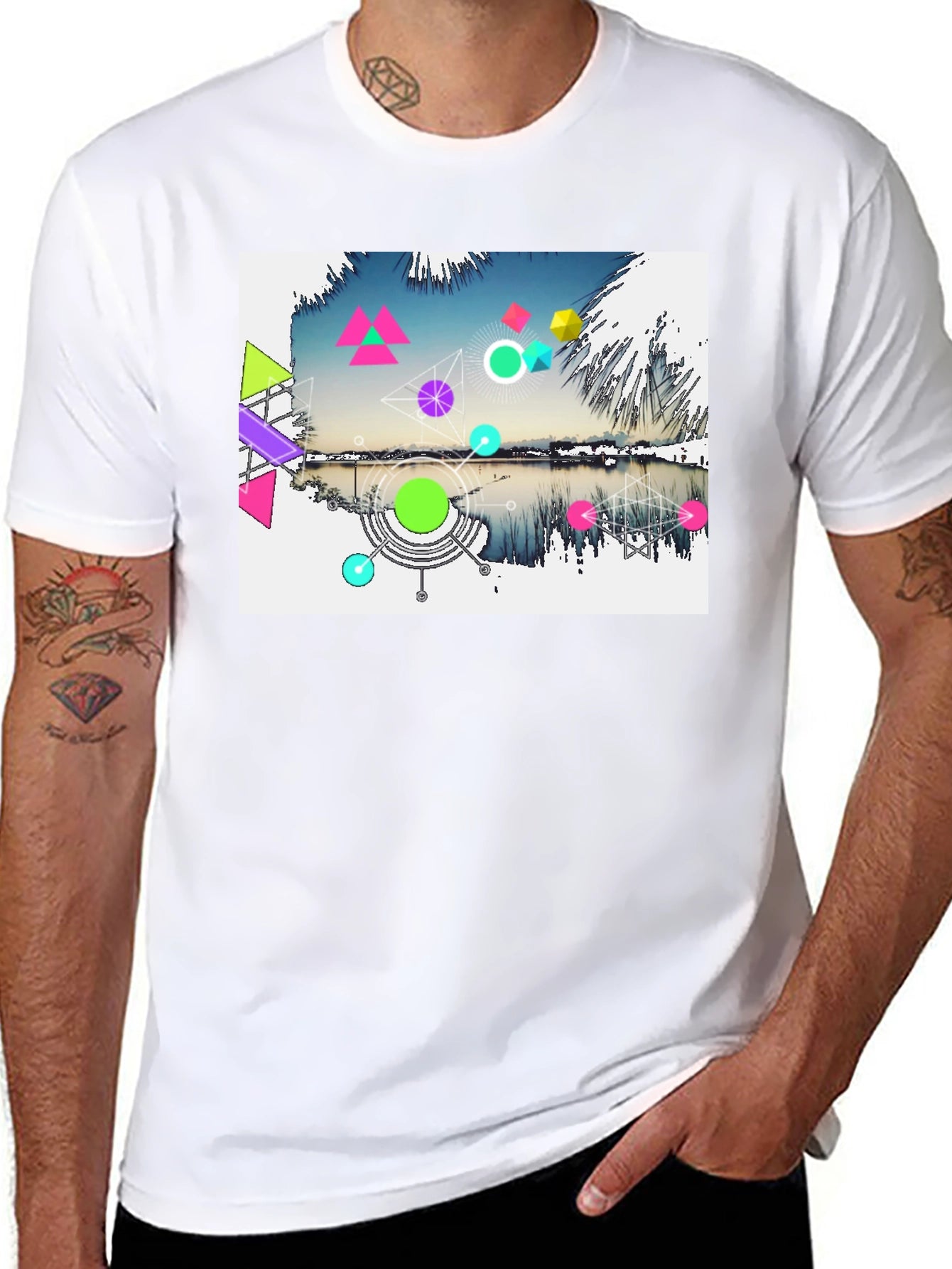 Geometric Lake Design Mens Black T-Shirt