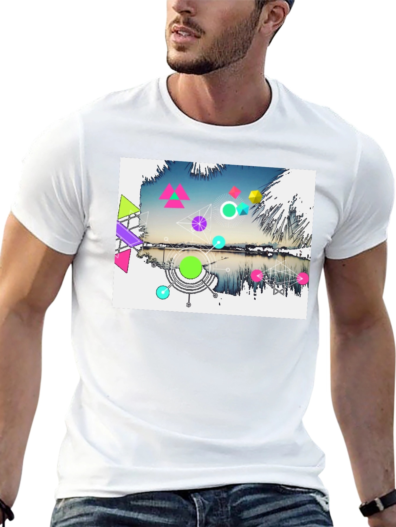 Geometric Lake Design Mens Black T-Shirt
