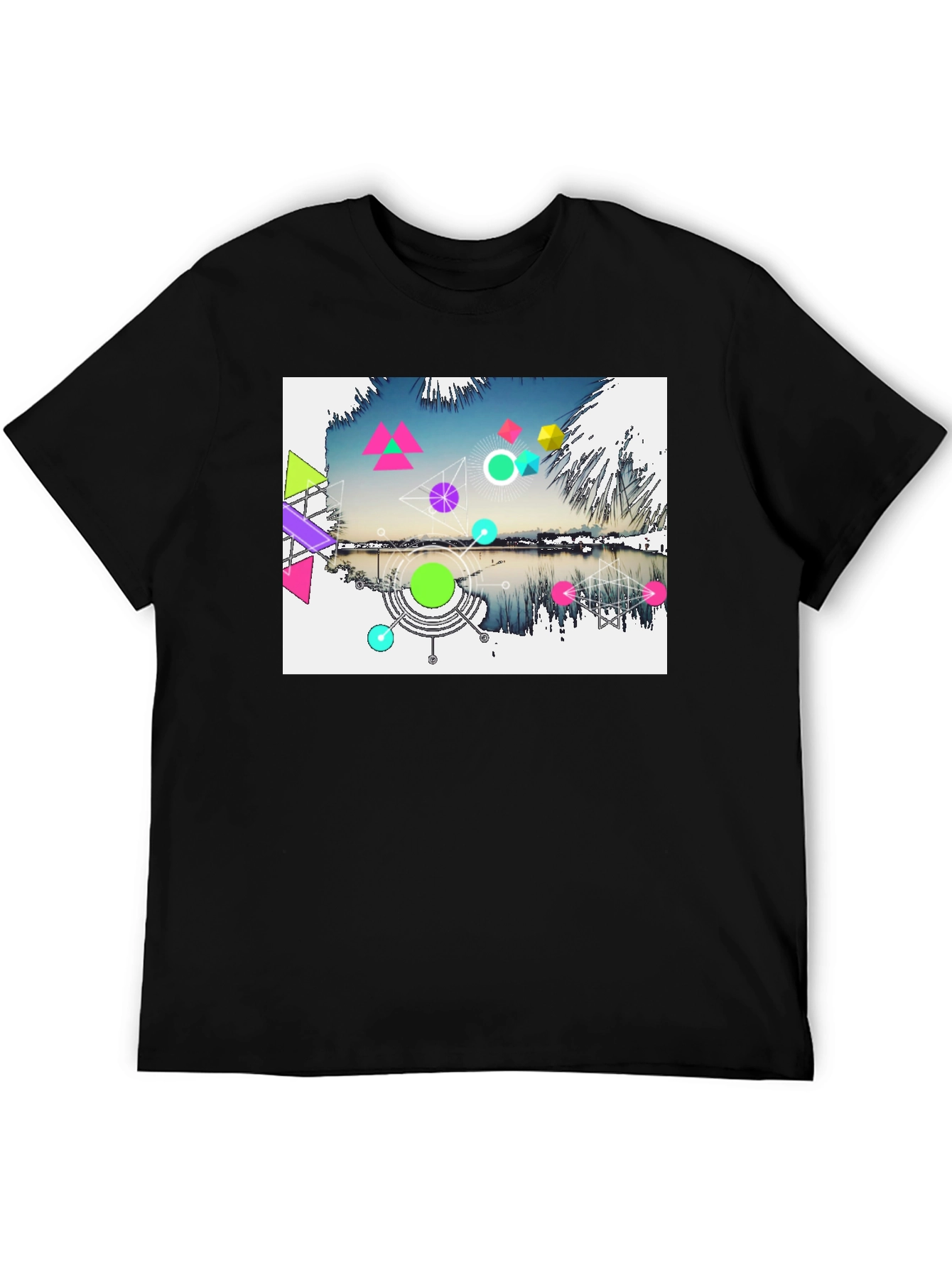 Geometric Lake Design Mens Black T-Shirt