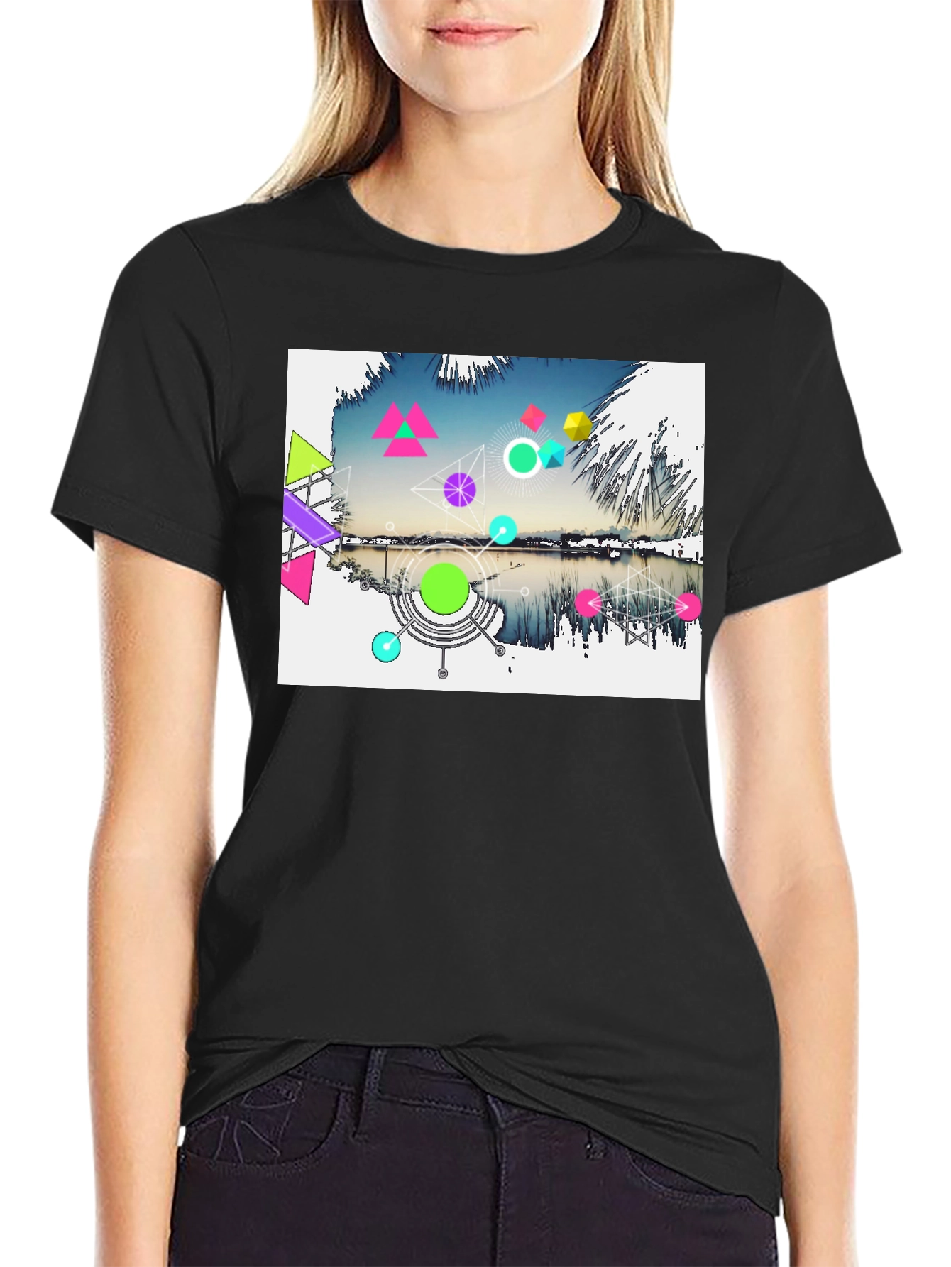 Geometric Lake Design Mens Black T-Shirt