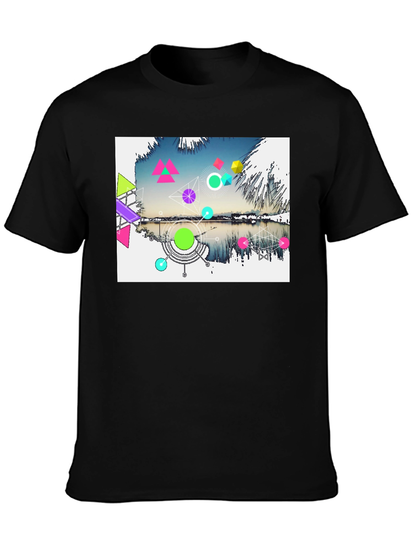 Geometric Lake Design Mens Black T-Shirt
