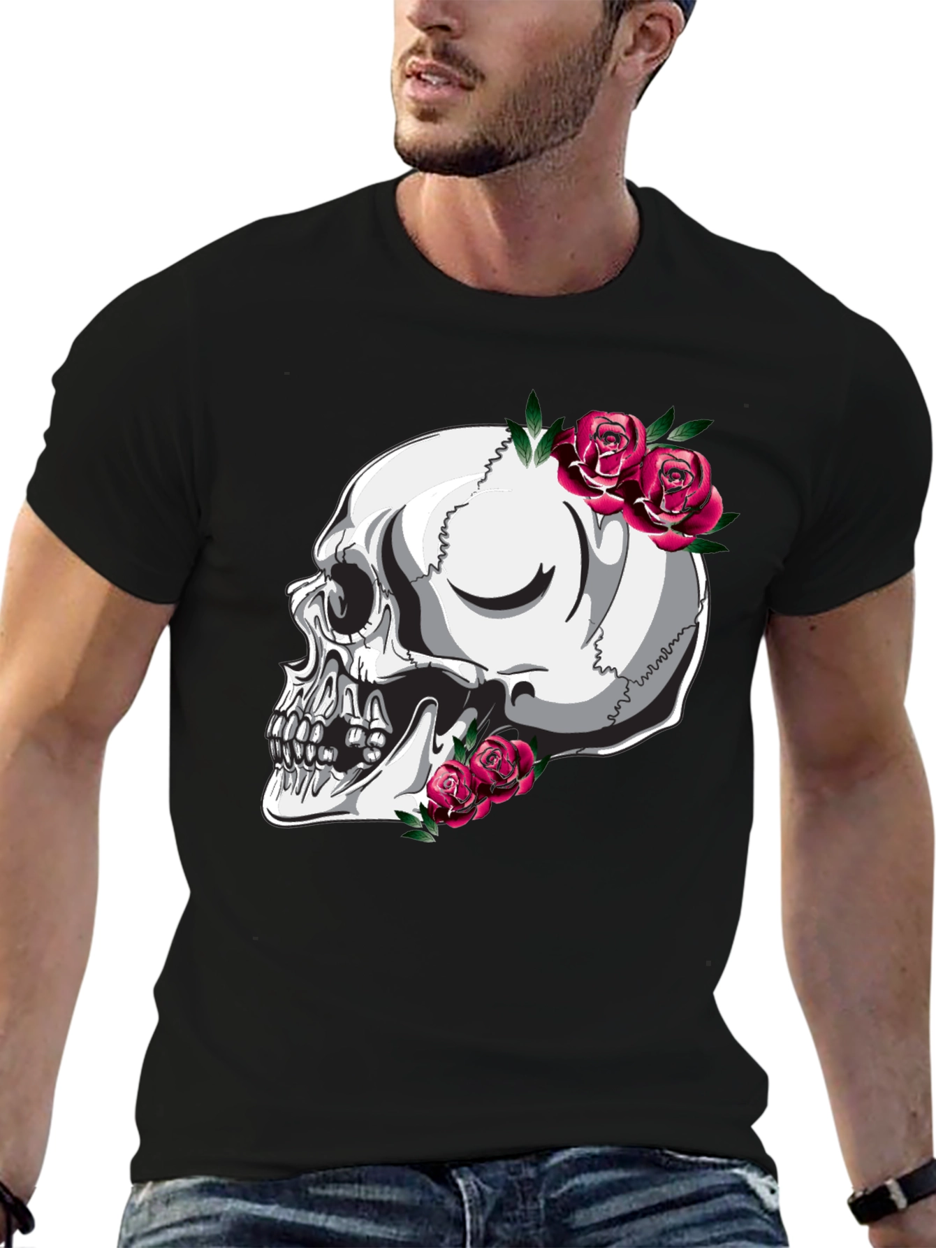 Skull and Roses Graphic T-Shirt - Black