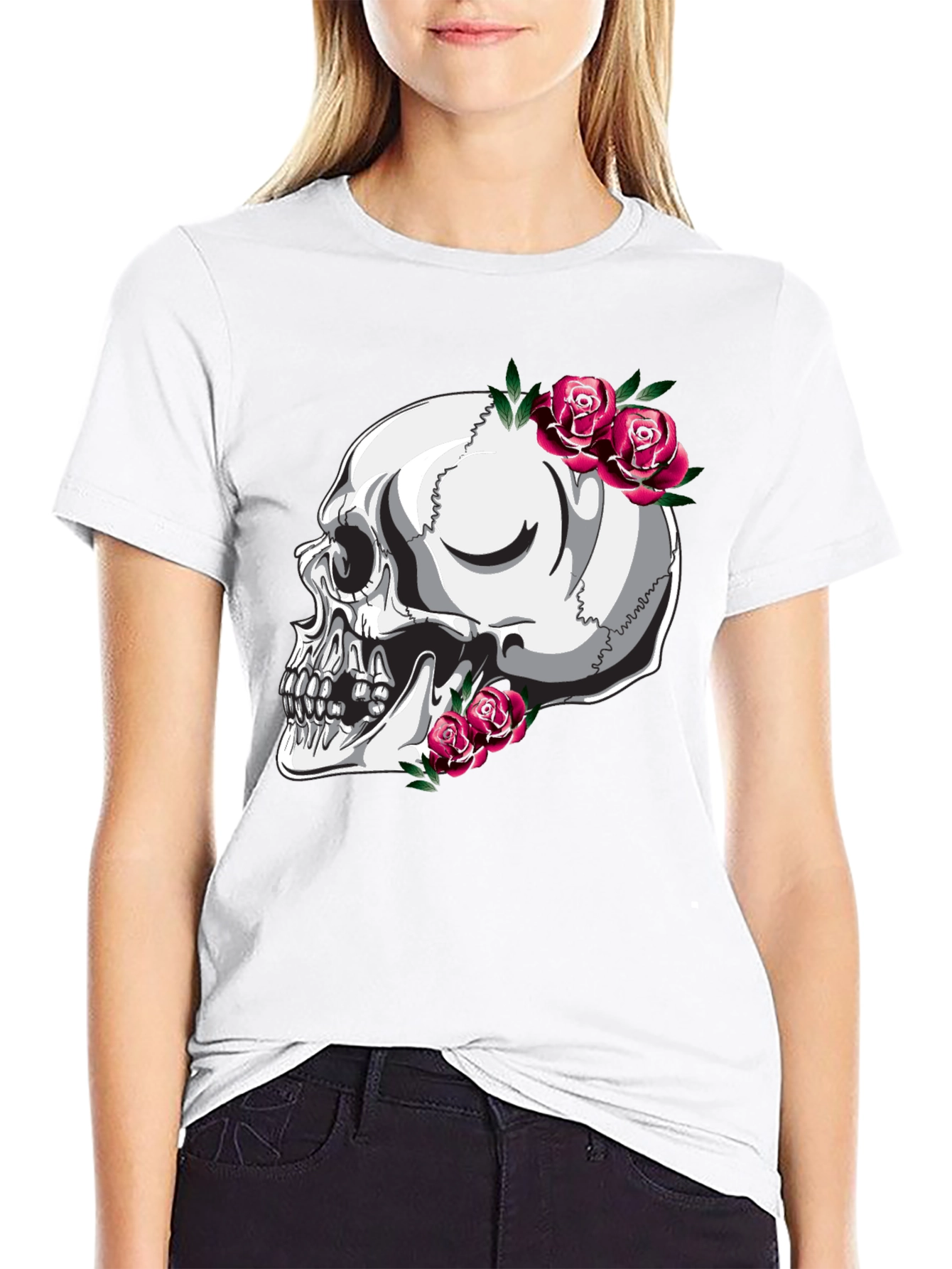 Skull and Roses Graphic T-Shirt - Black