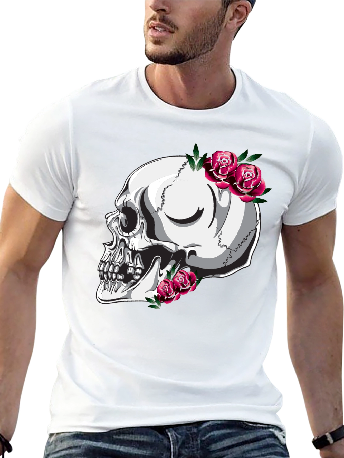 Skull and Roses Graphic T-Shirt - Black
