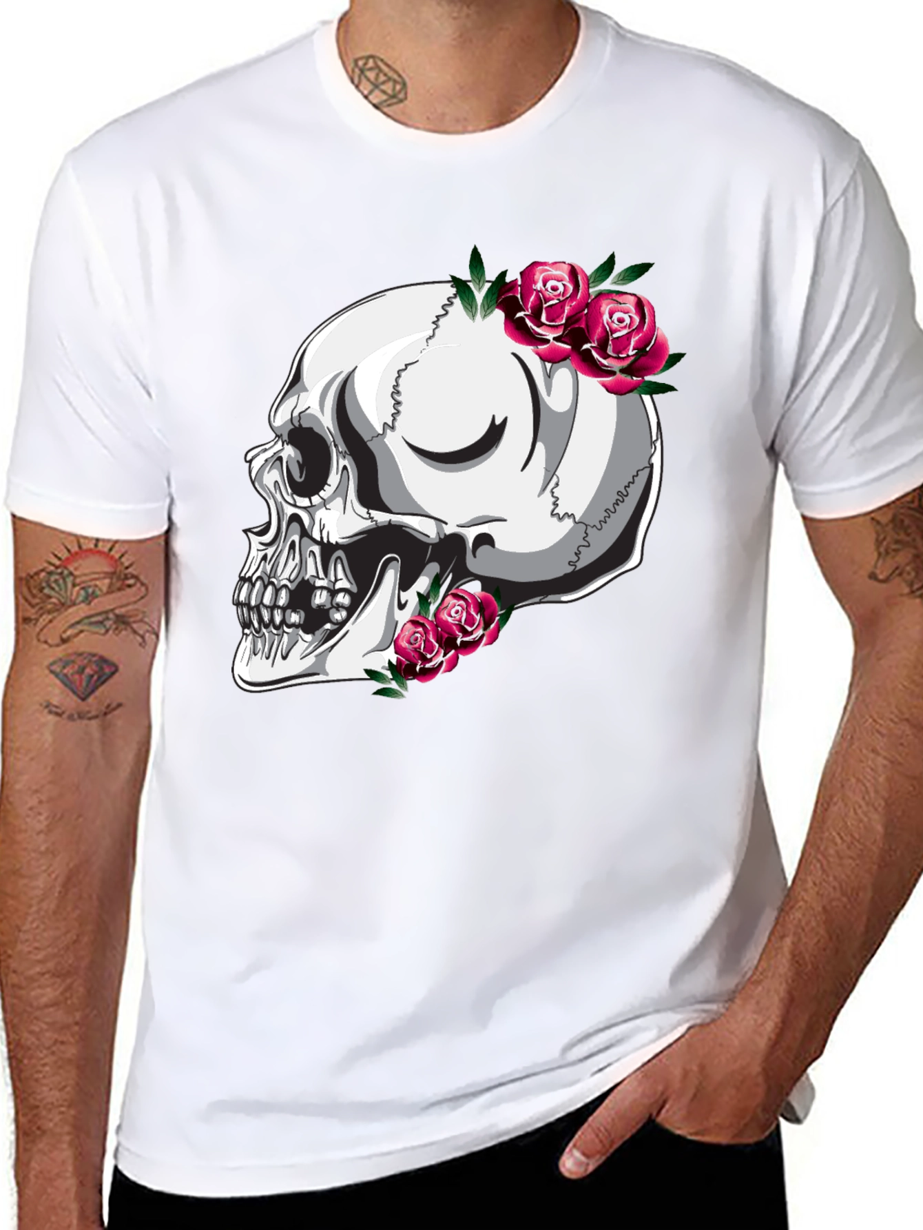 Skull and Roses Graphic T-Shirt - Black