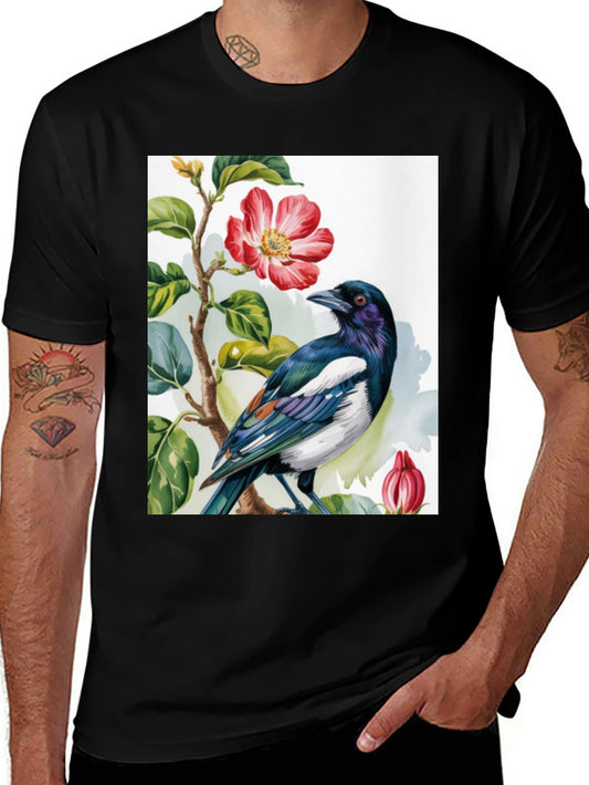Bird & Flower Graphic Tee - Casual Black T-Shirt