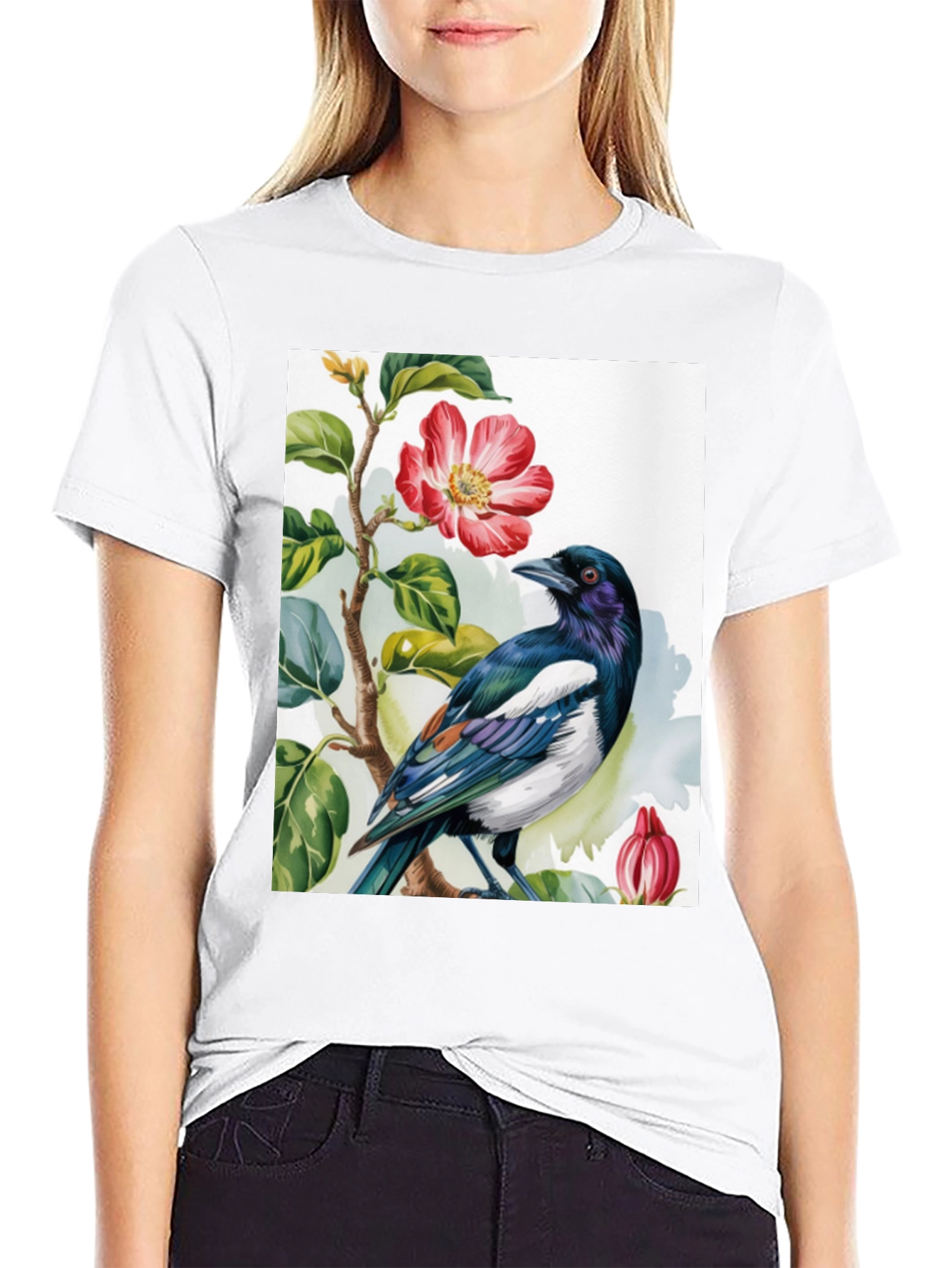 Bird & Flower Graphic Tee - Casual Black T-Shirt