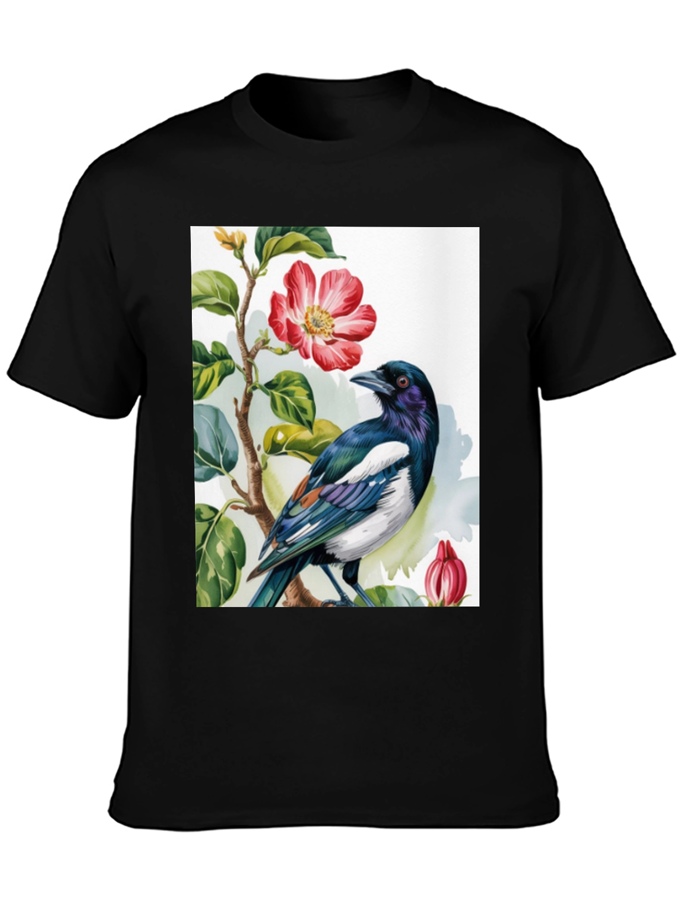 Bird & Flower Graphic Tee - Casual Black T-Shirt