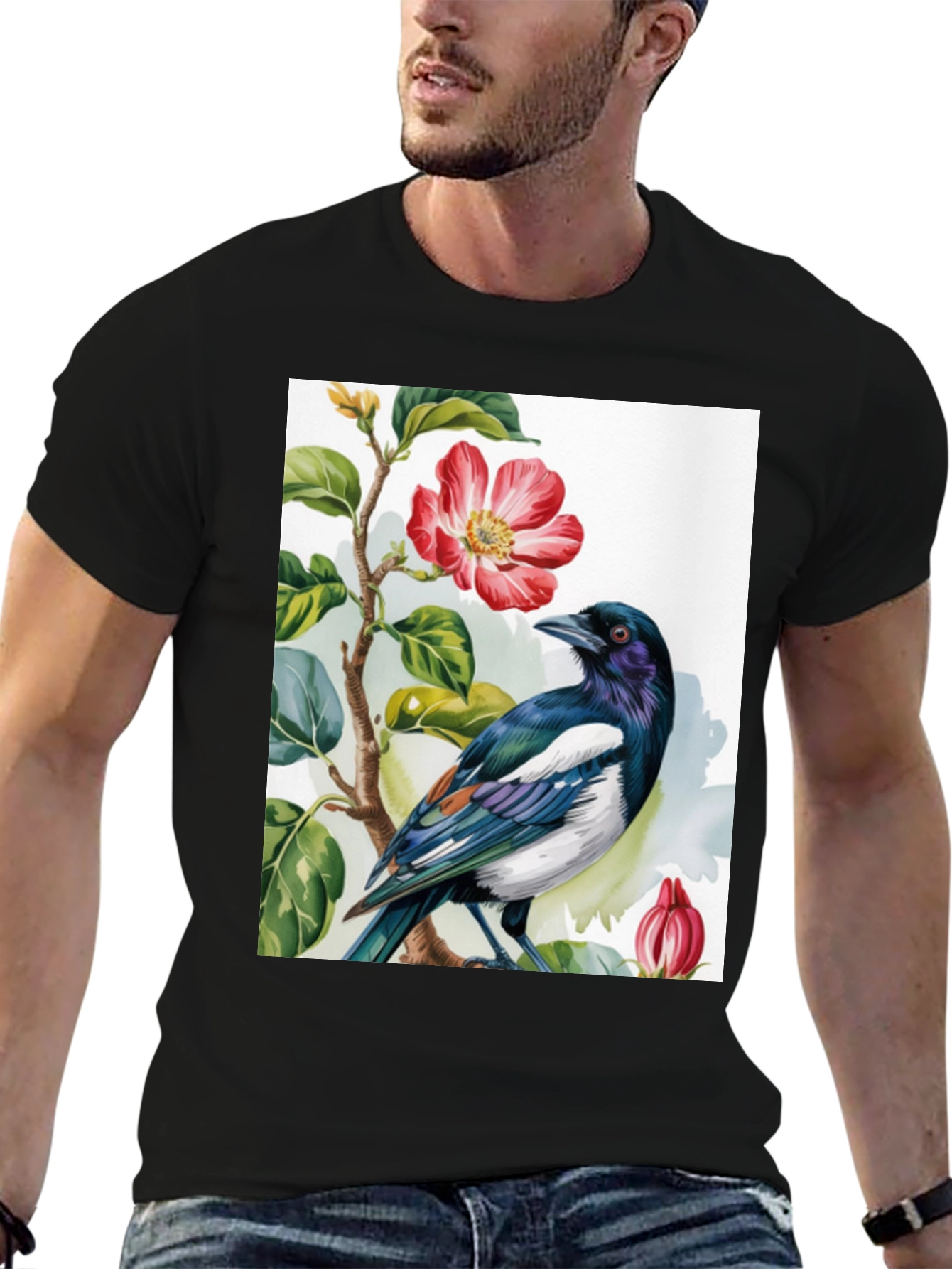 Bird & Flower Graphic Tee - Casual Black T-Shirt