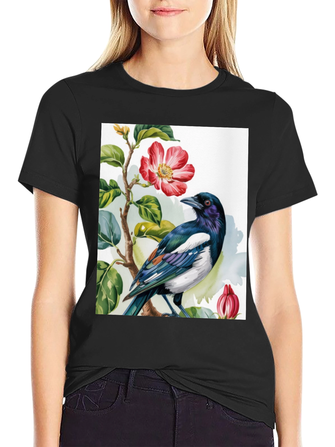 Bird & Flower Graphic Tee - Casual Black T-Shirt