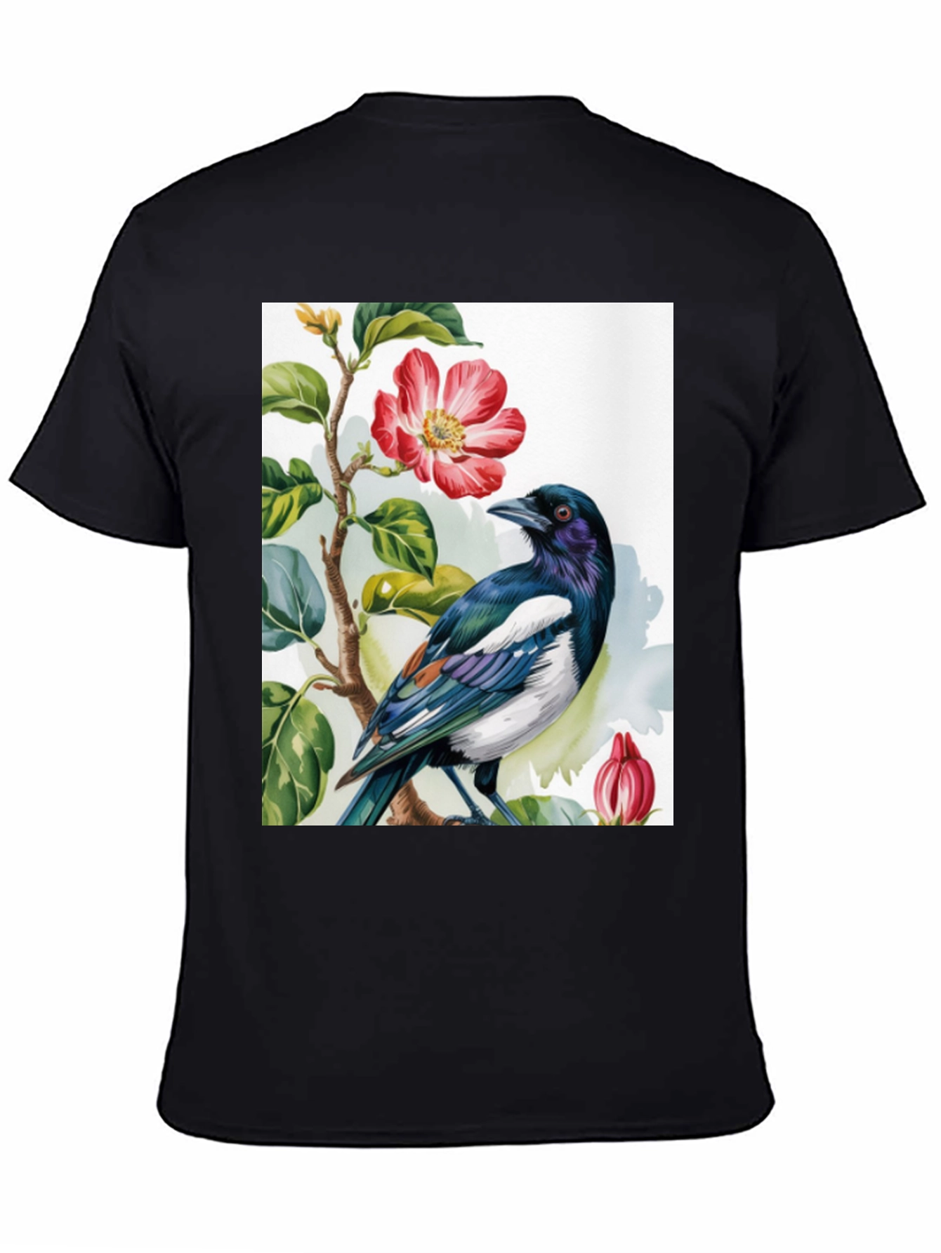 Bird & Flower Graphic Tee - Casual Black T-Shirt