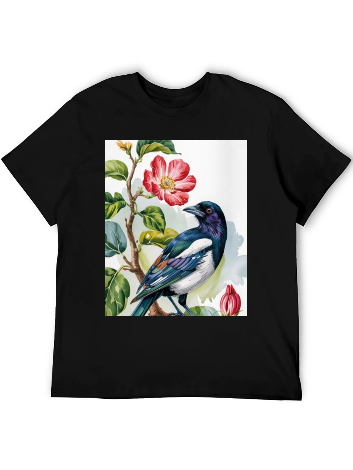 Bird & Flower Graphic Tee - Casual Black T-Shirt