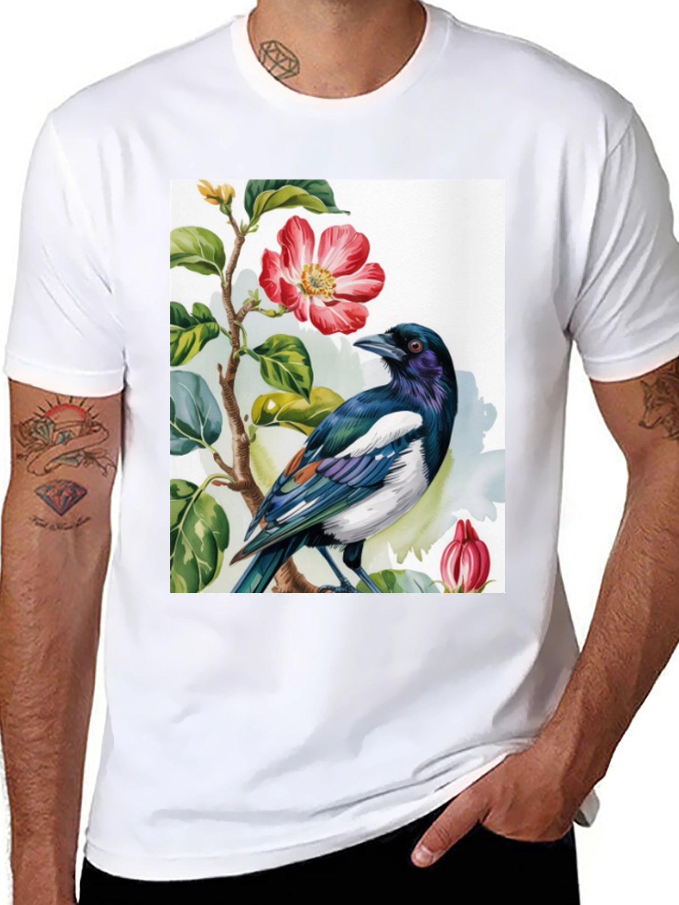 Bird & Flower Graphic Tee - Casual Black T-Shirt
