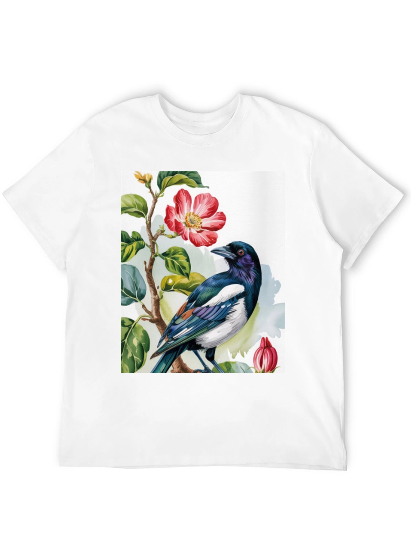 Bird & Flower Graphic Tee - Casual Black T-Shirt