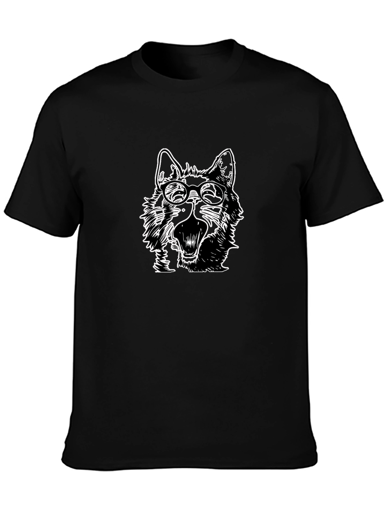 Wolf with Glasses Graphic Tee - Black Cotton