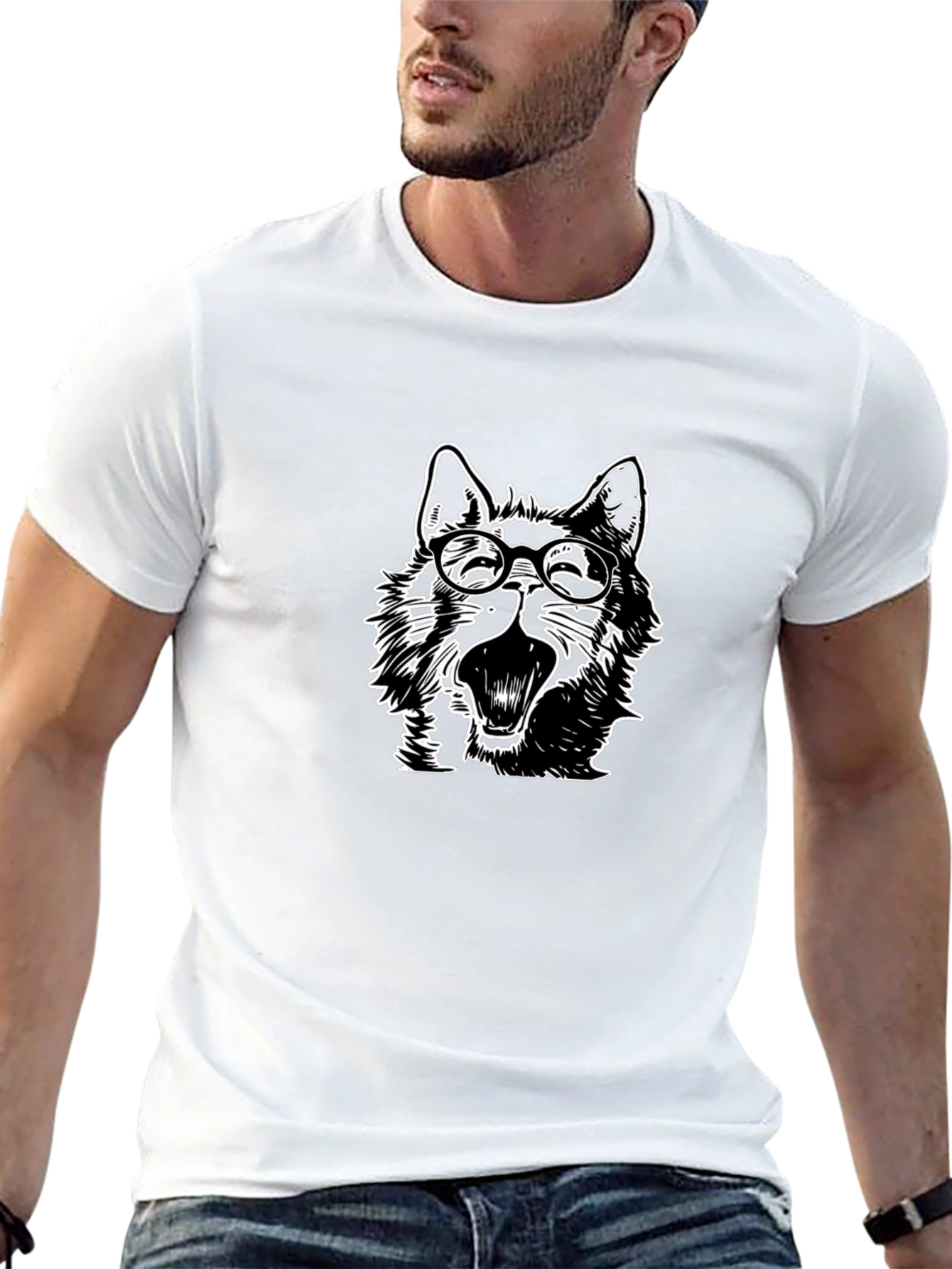 Wolf with Glasses Graphic Tee - Black Cotton