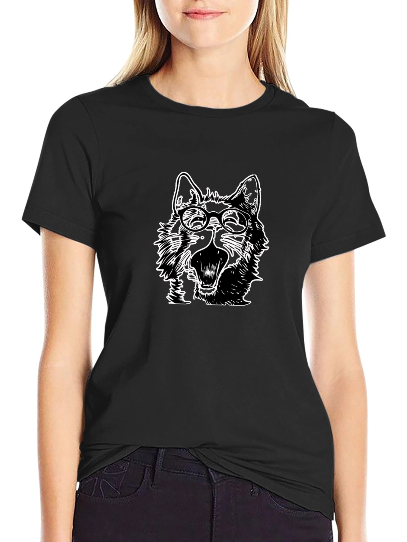Wolf with Glasses Graphic Tee - Black Cotton