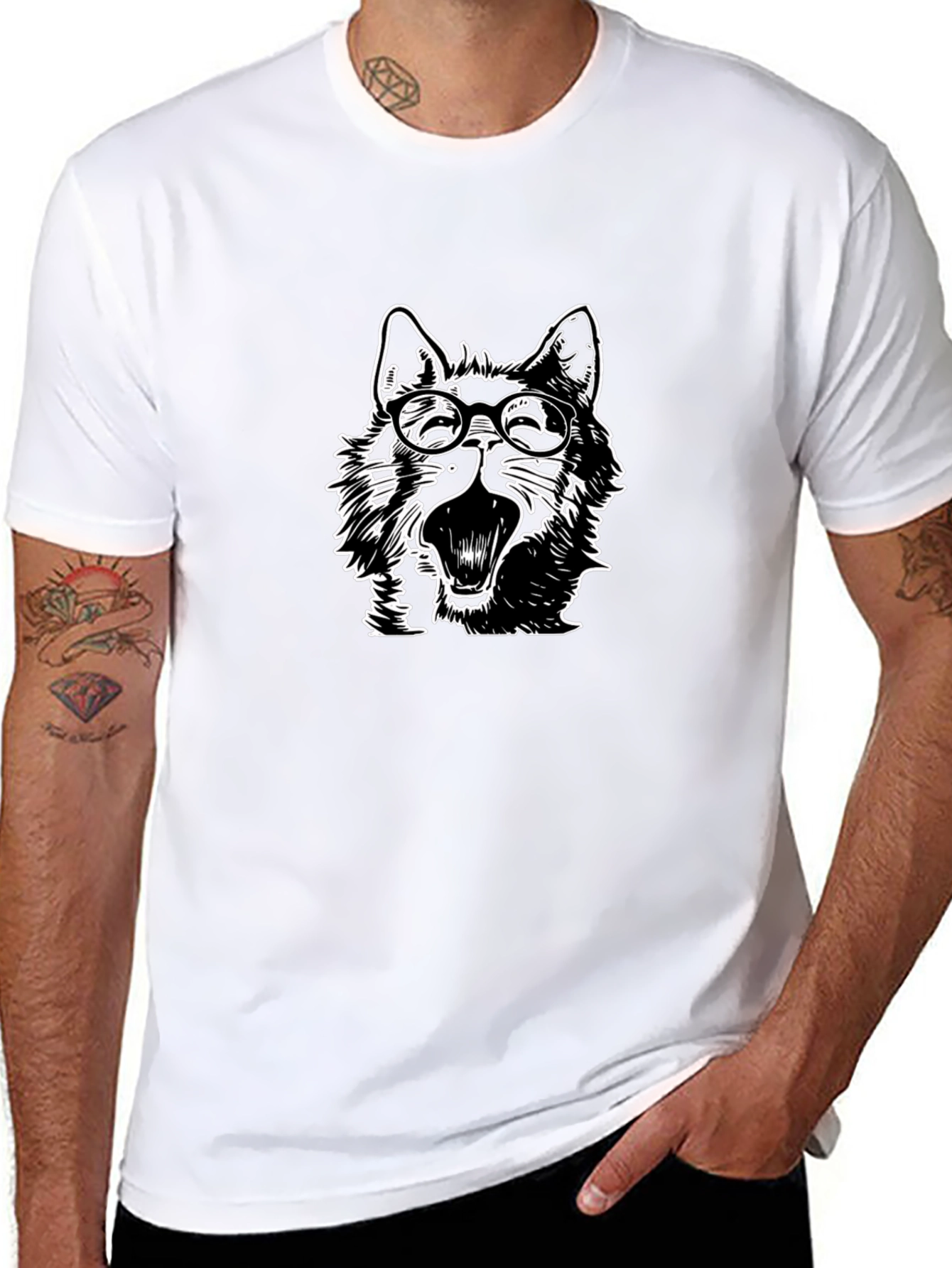 Wolf with Glasses Graphic Tee - Black Cotton