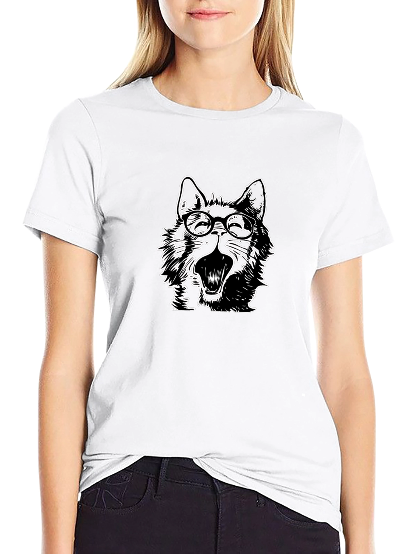 Wolf with Glasses Graphic Tee - Black Cotton