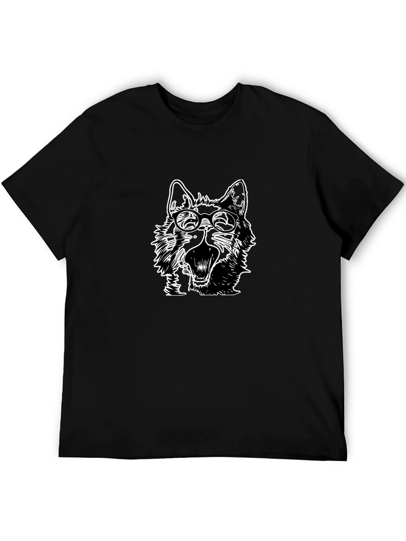 Wolf with Glasses Graphic Tee - Black Cotton