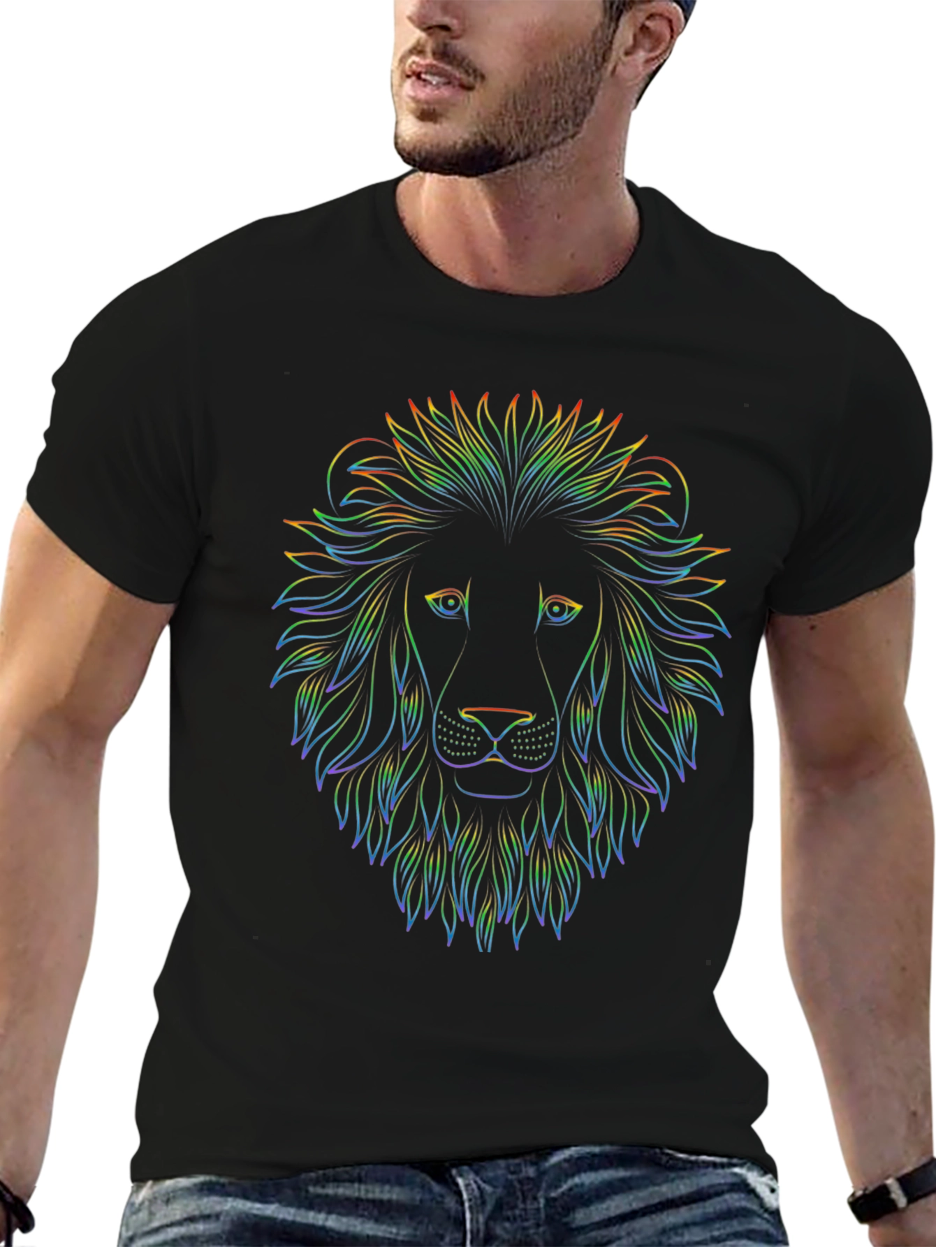 Rainbow Lion Head Graphic Print Black T-Shirt