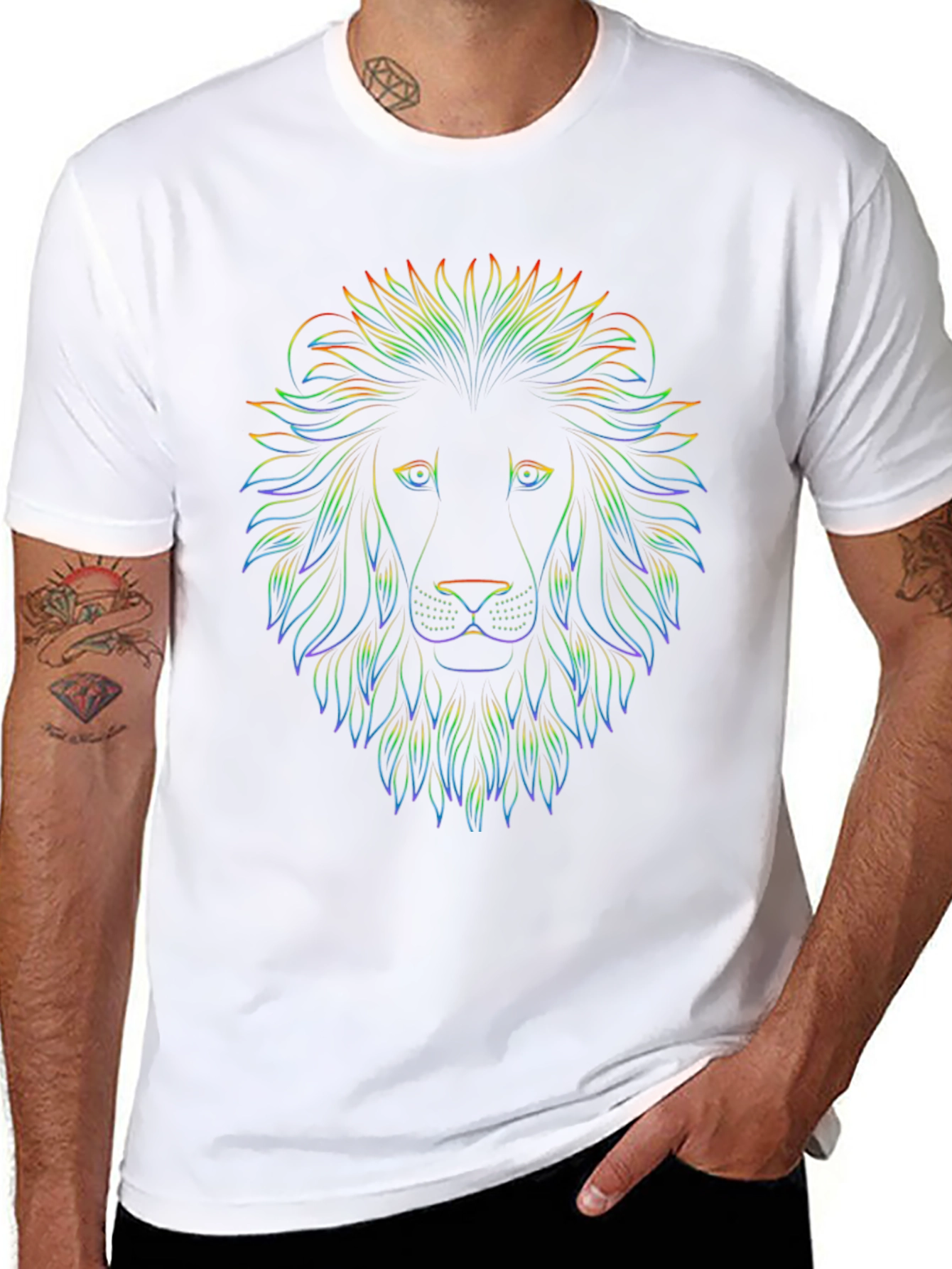 Rainbow Lion Head Graphic Print Black T-Shirt
