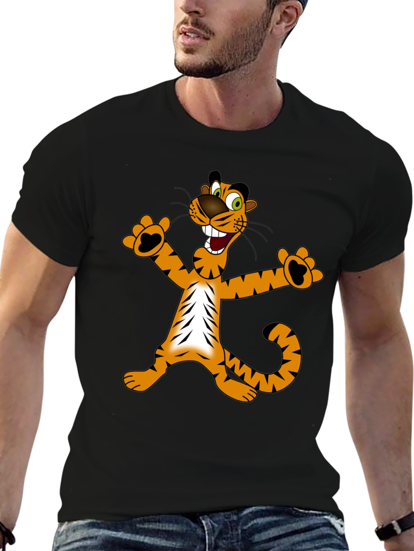 Cartoon Tiger Graphic T-Shirt - Black