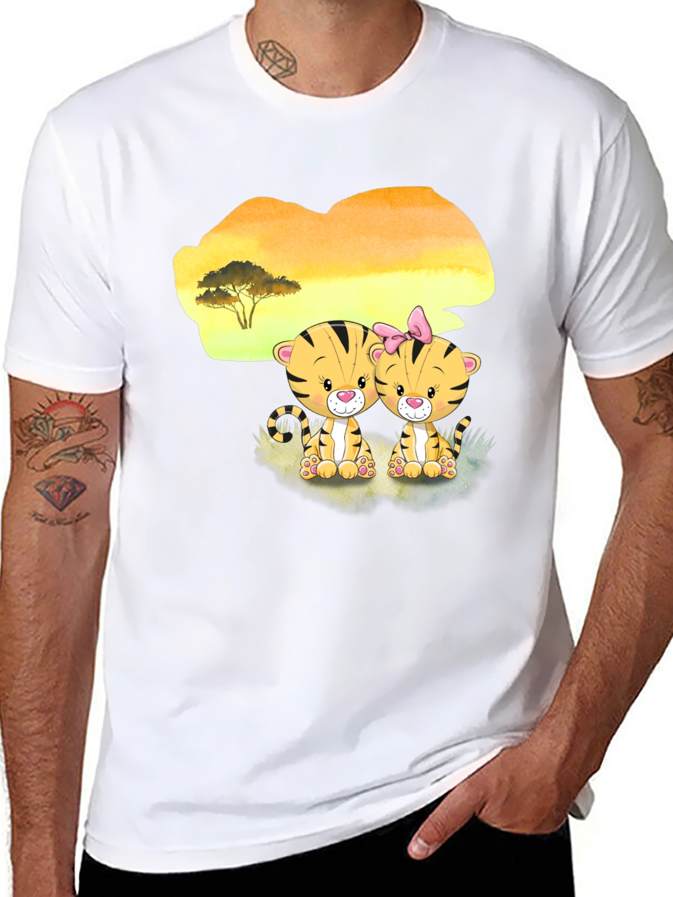 Cute Cartoon Tiger Couple Black T-Shirt