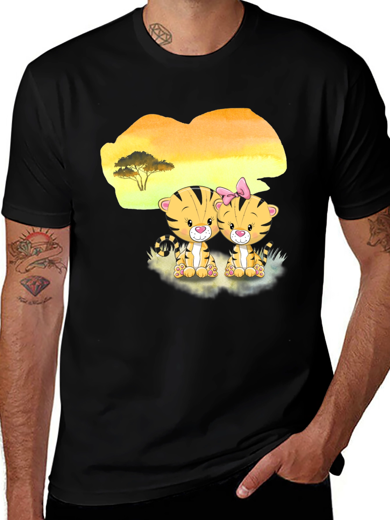 Cute Cartoon Tiger Couple Black T-Shirt