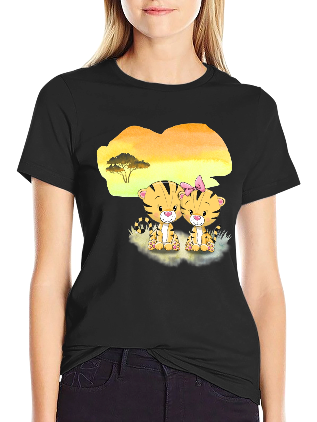 Cute Cartoon Tiger Couple Black T-Shirt