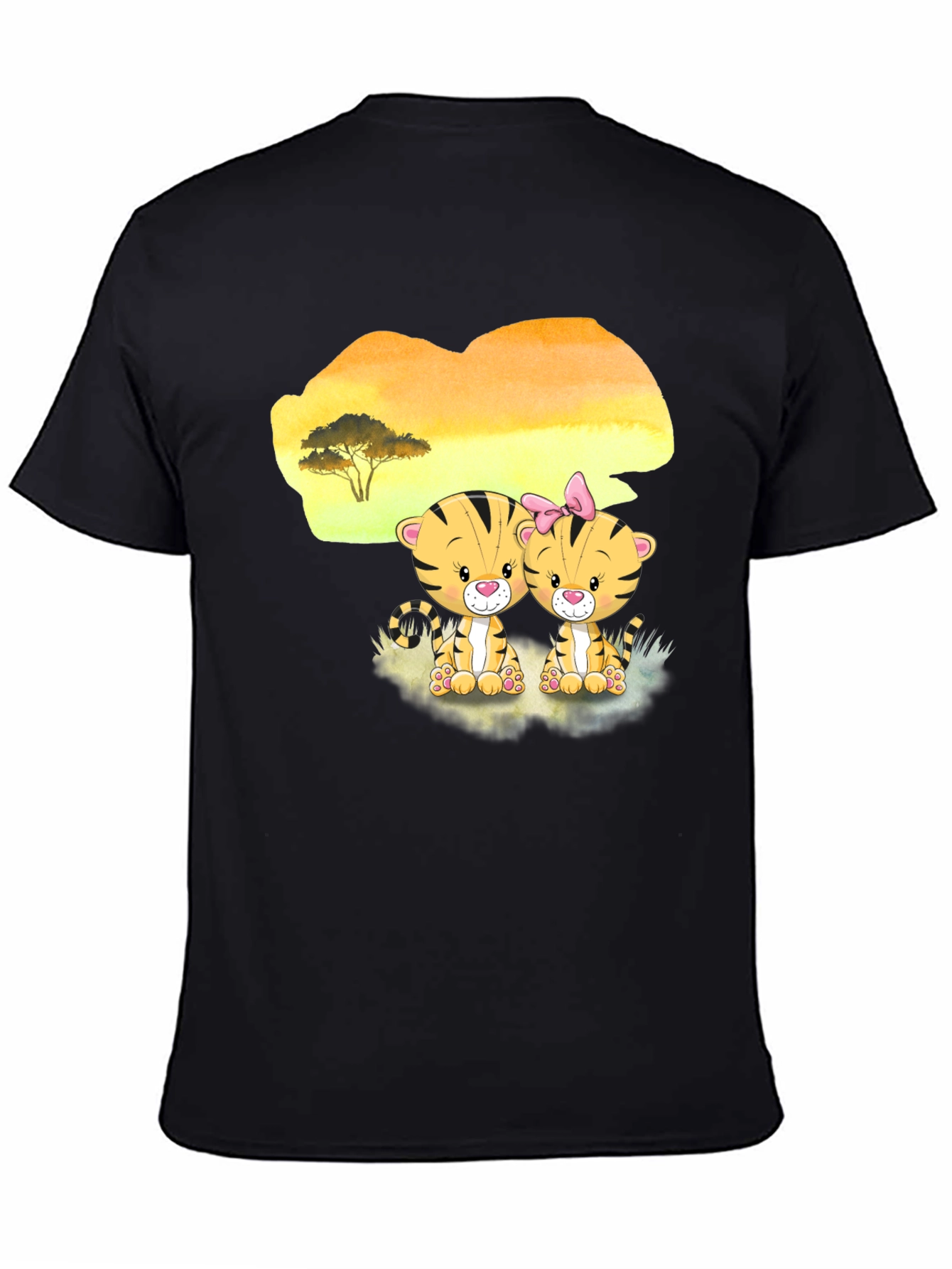 Cute Cartoon Tiger Couple Black T-Shirt