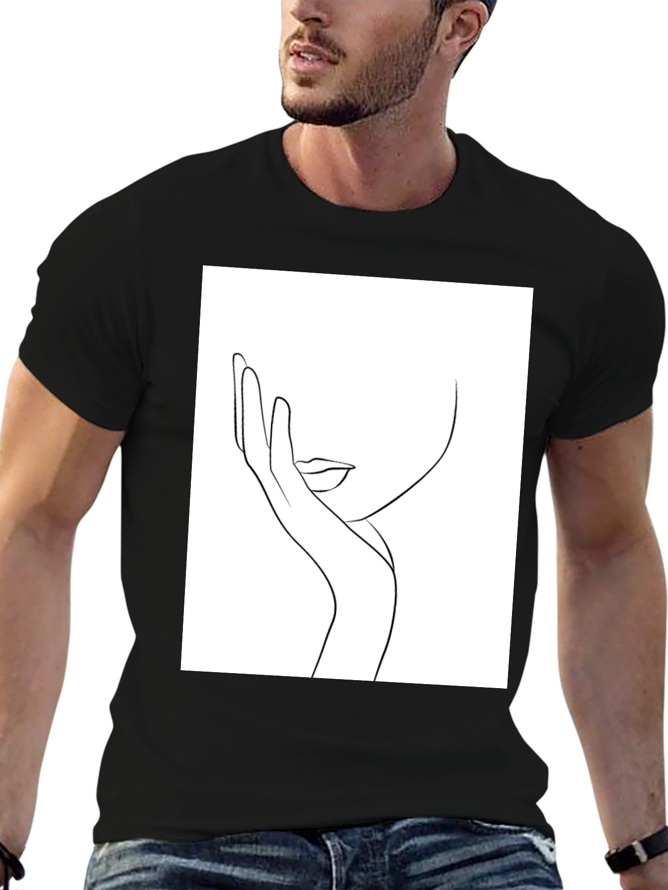 Minimalist Line Art Face Black T-Shirt