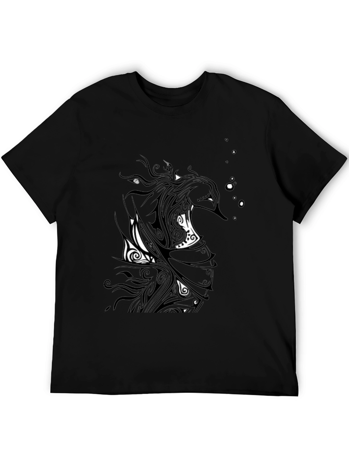 Black Graphic Tee - Abstract Tribal Seahorse Design