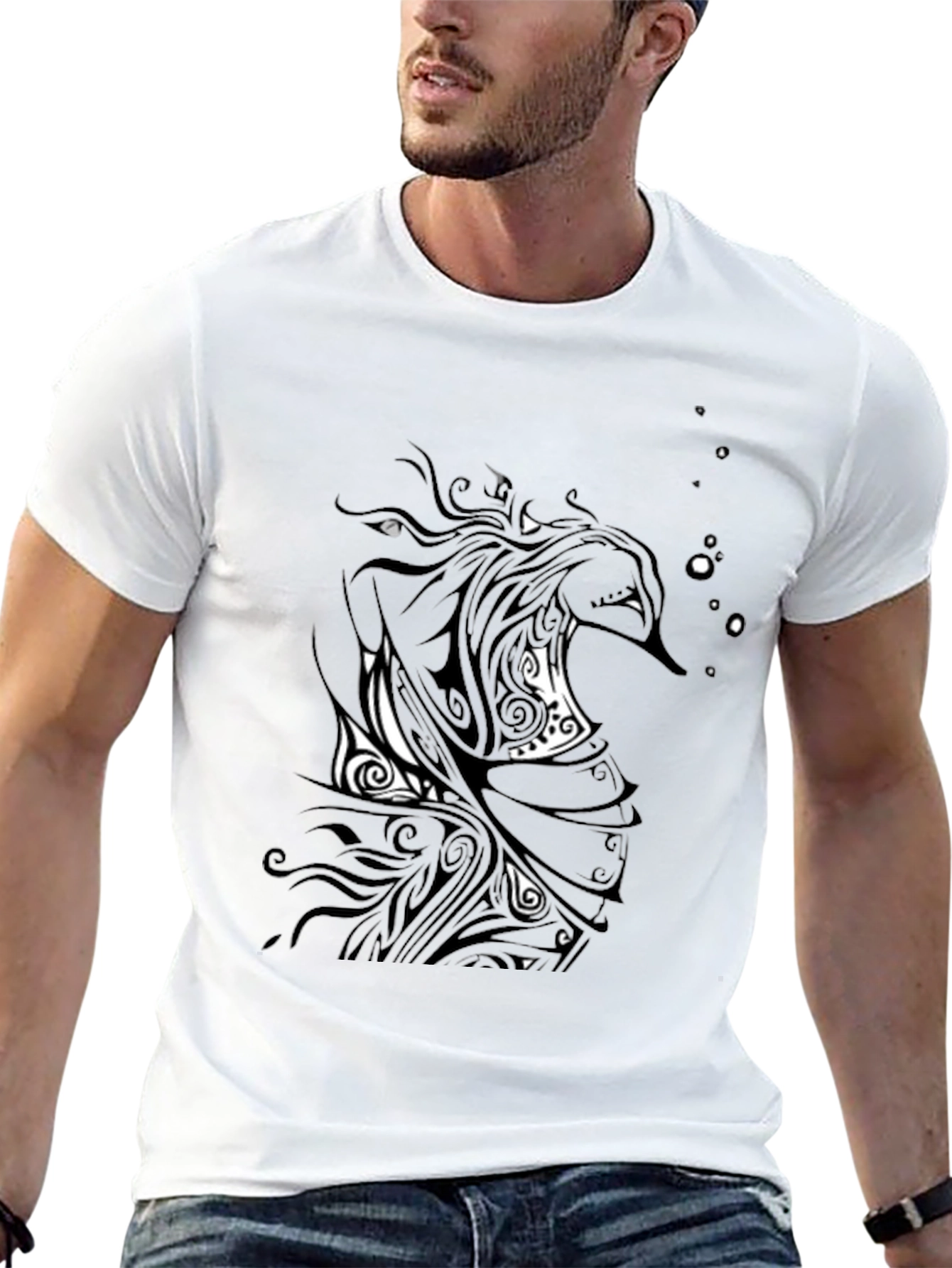 Black Graphic Tee - Abstract Tribal Seahorse Design