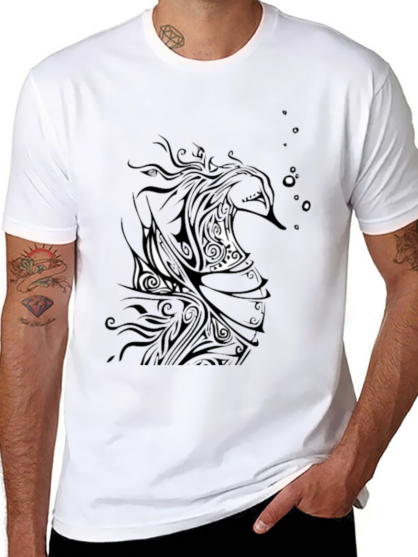 Black Graphic Tee - Abstract Tribal Seahorse Design