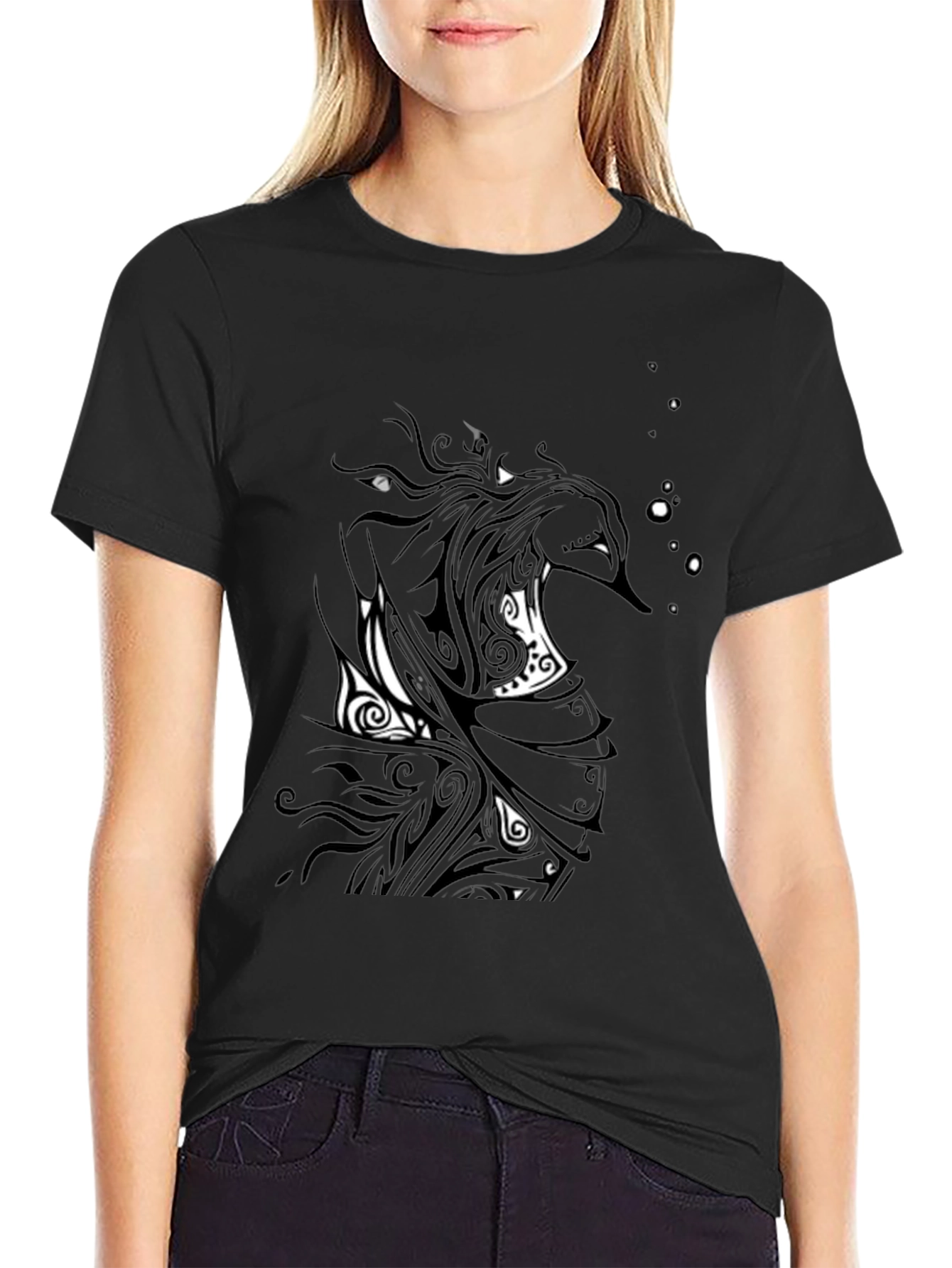 Black Graphic Tee - Abstract Tribal Seahorse Design